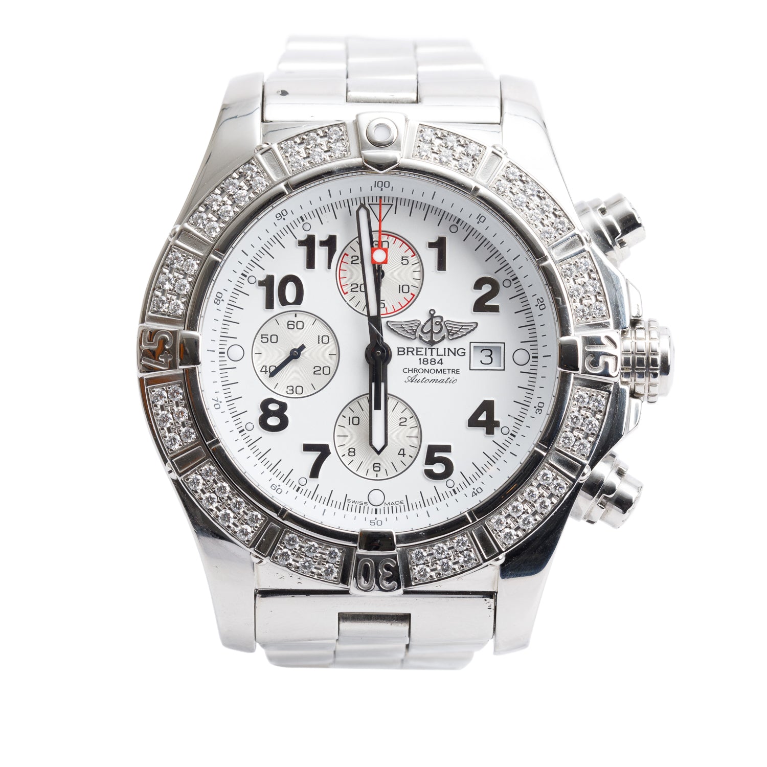 Breitling Stainless Steel Diamond Bezel Super Avenger 48 MM Automatic Chronograph Watch White Dial A13370