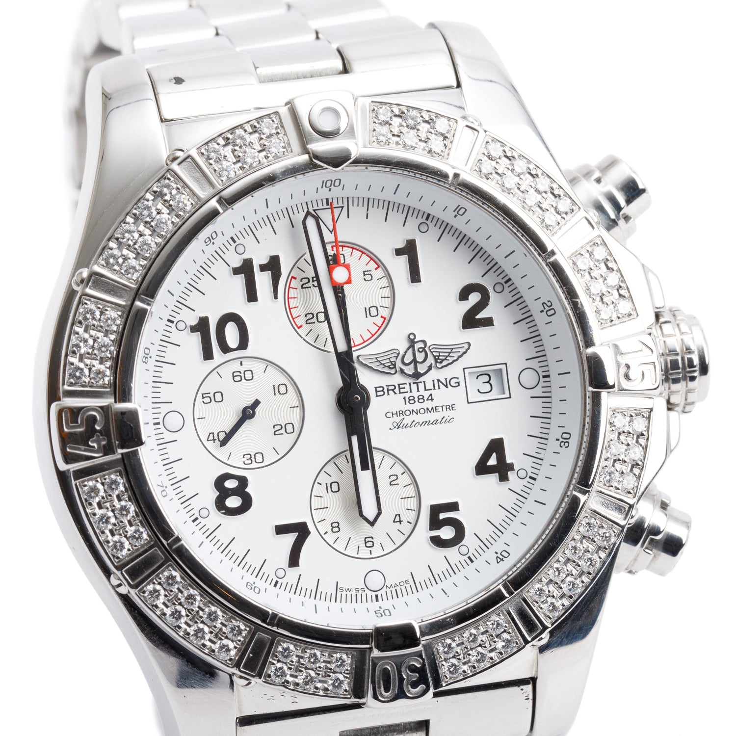 Breitling Stainless Steel Diamond Bezel Super Avenger 48 MM Automatic Chronograph Watch White Dial A13370