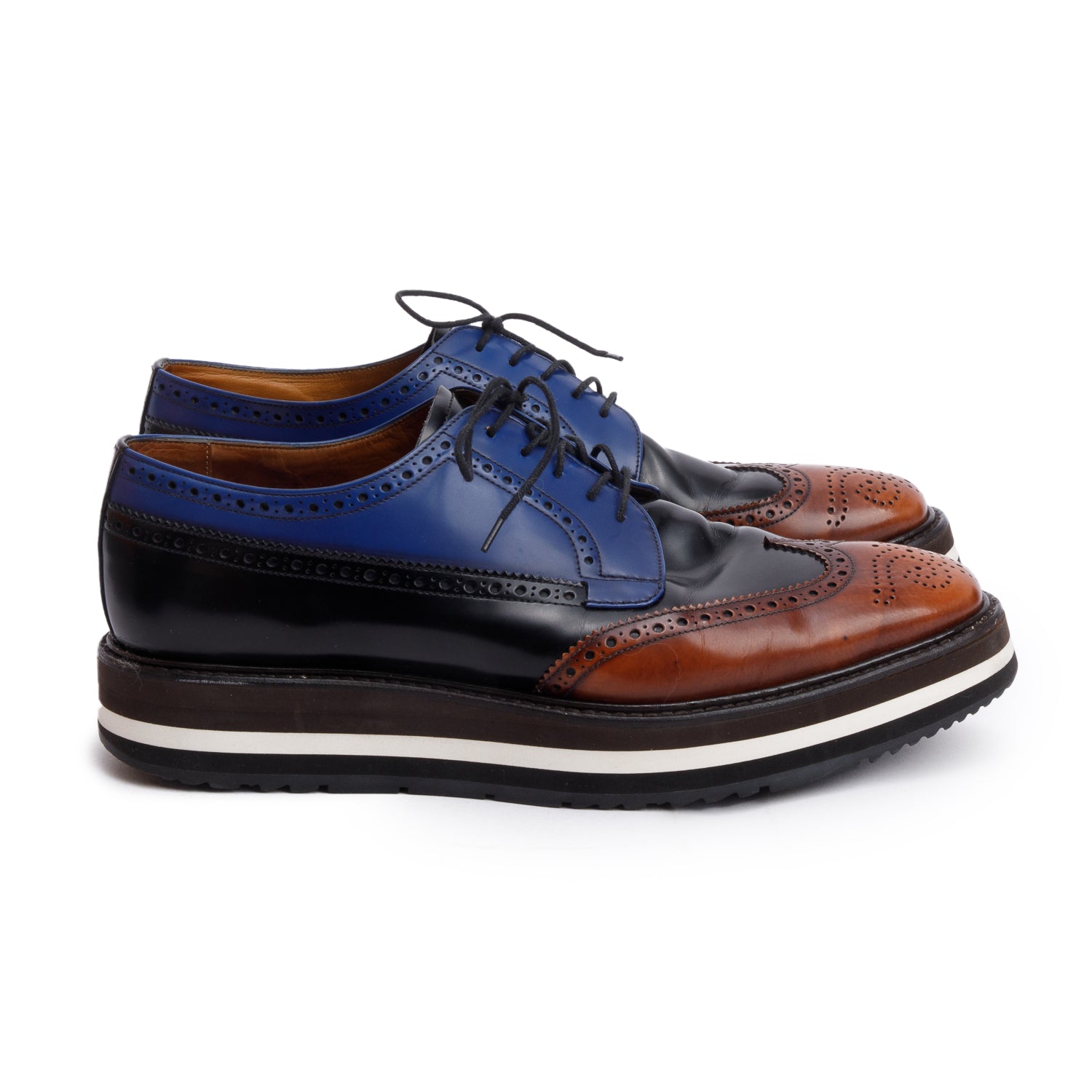Prada Blue Spazzolato Leather Laced Brogue Shoes, Size 8 w/ Box