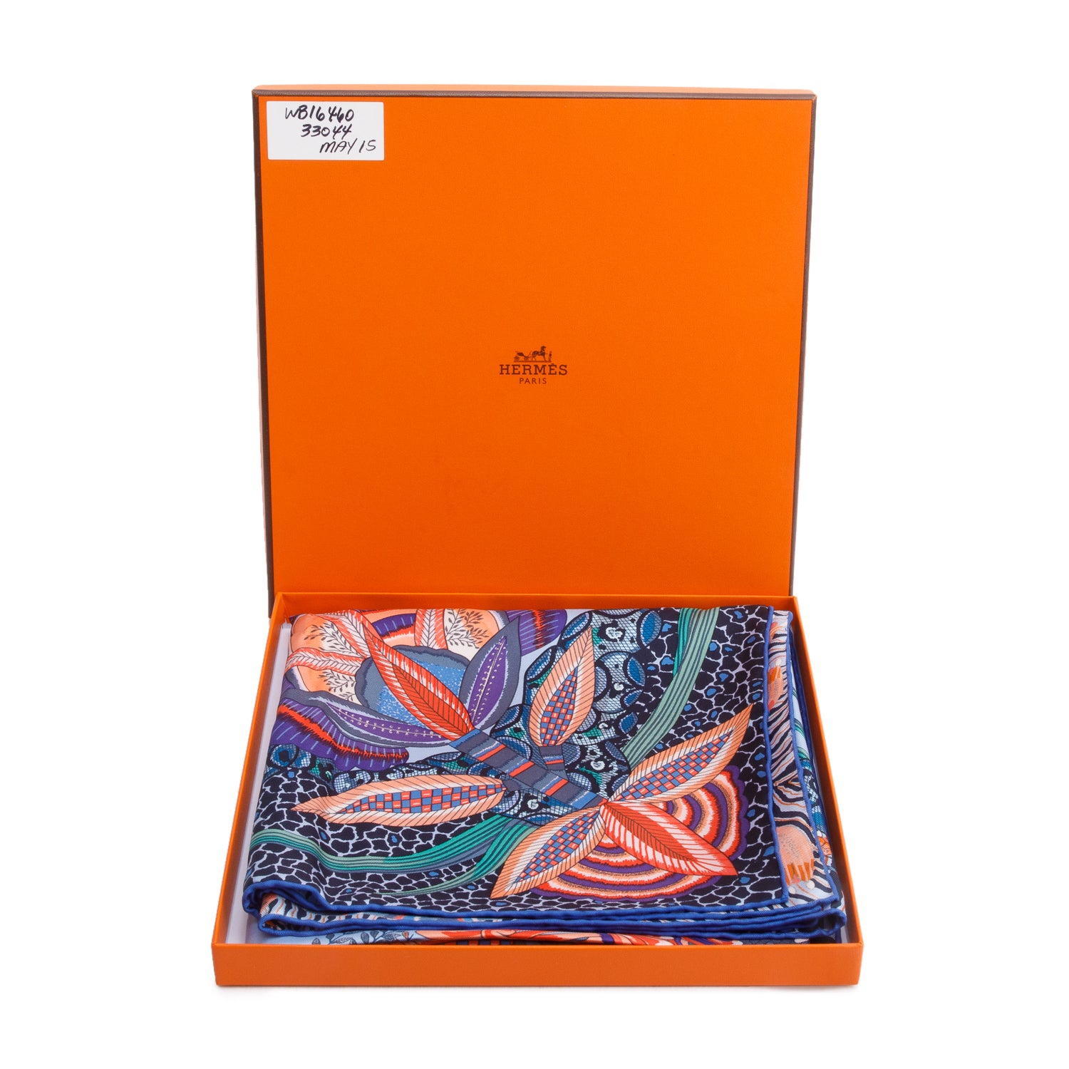 Hermes Bleu Ciel/Orange/Indigo 'Flowers of South Africa' Silk Scarf 90 w/ Box