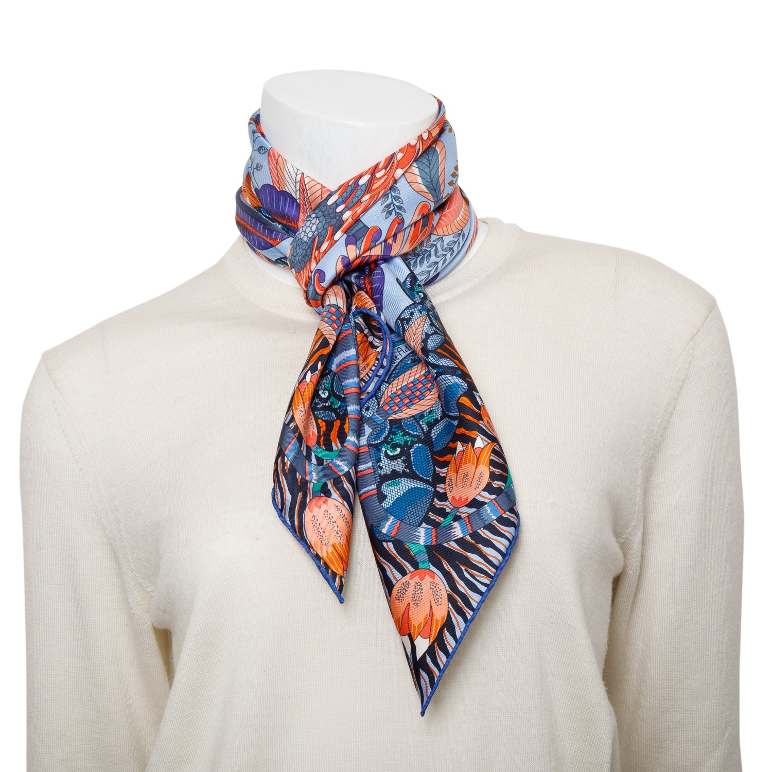 Hermes Bleu Ciel/Orange/Indigo 'Flowers of South Africa' Silk Scarf 90 w/ Box