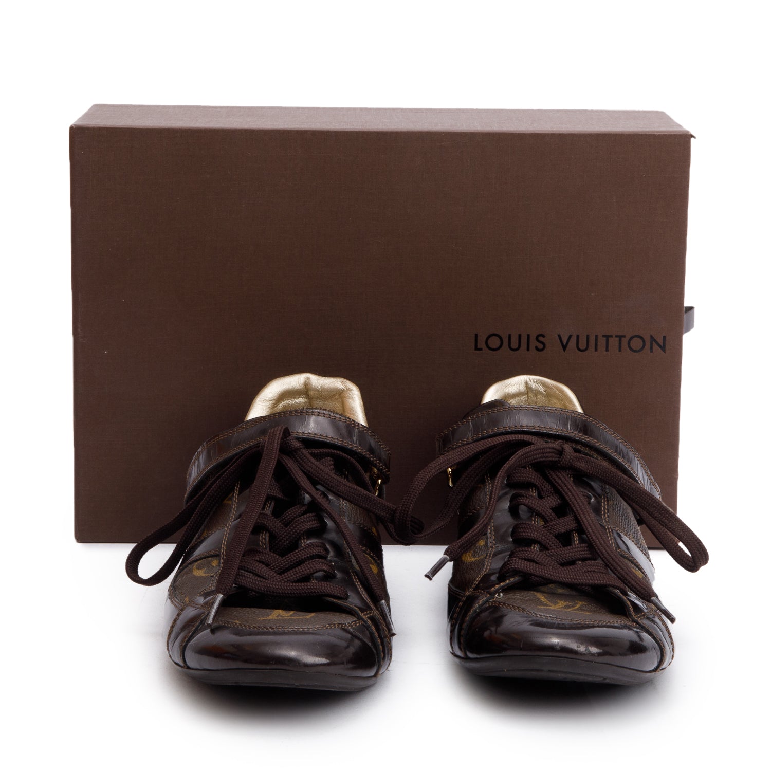 Louis Vuitton Monogram Canvas Brown Patent Leather Globe Trotter Sneakers, Size 39 w/ Box