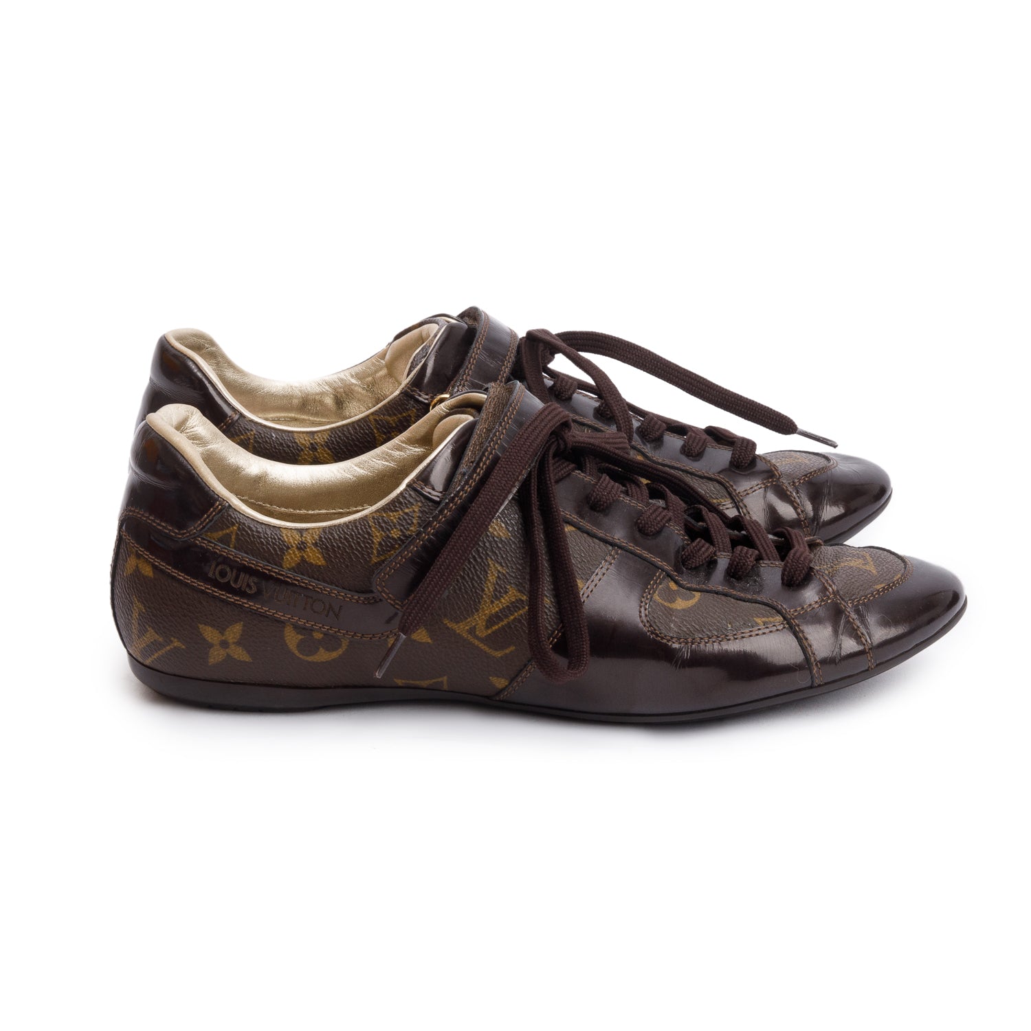 Louis Vuitton Monogram Canvas Brown Patent Leather Globe Trotter Sneakers, Size 39 w/ Box
