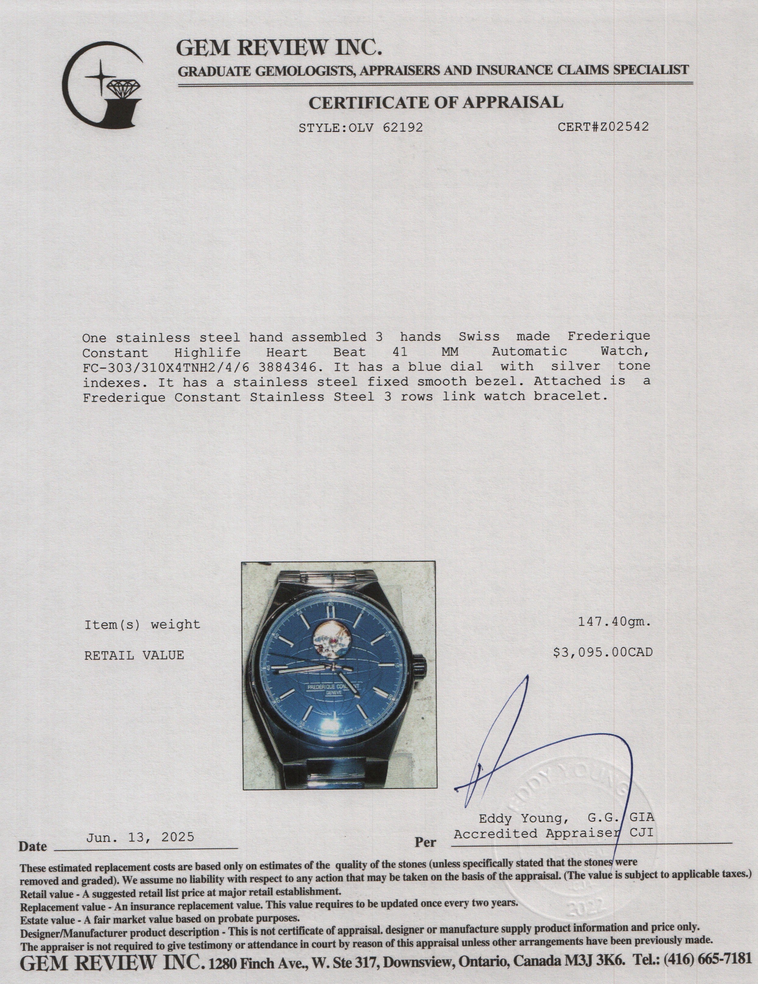 Frederique Constant 2023 Stainless Steel Highlife Heart Beat 41 MM Automatic Watch Blue Dial w/ Box, Papers & Extra Strap