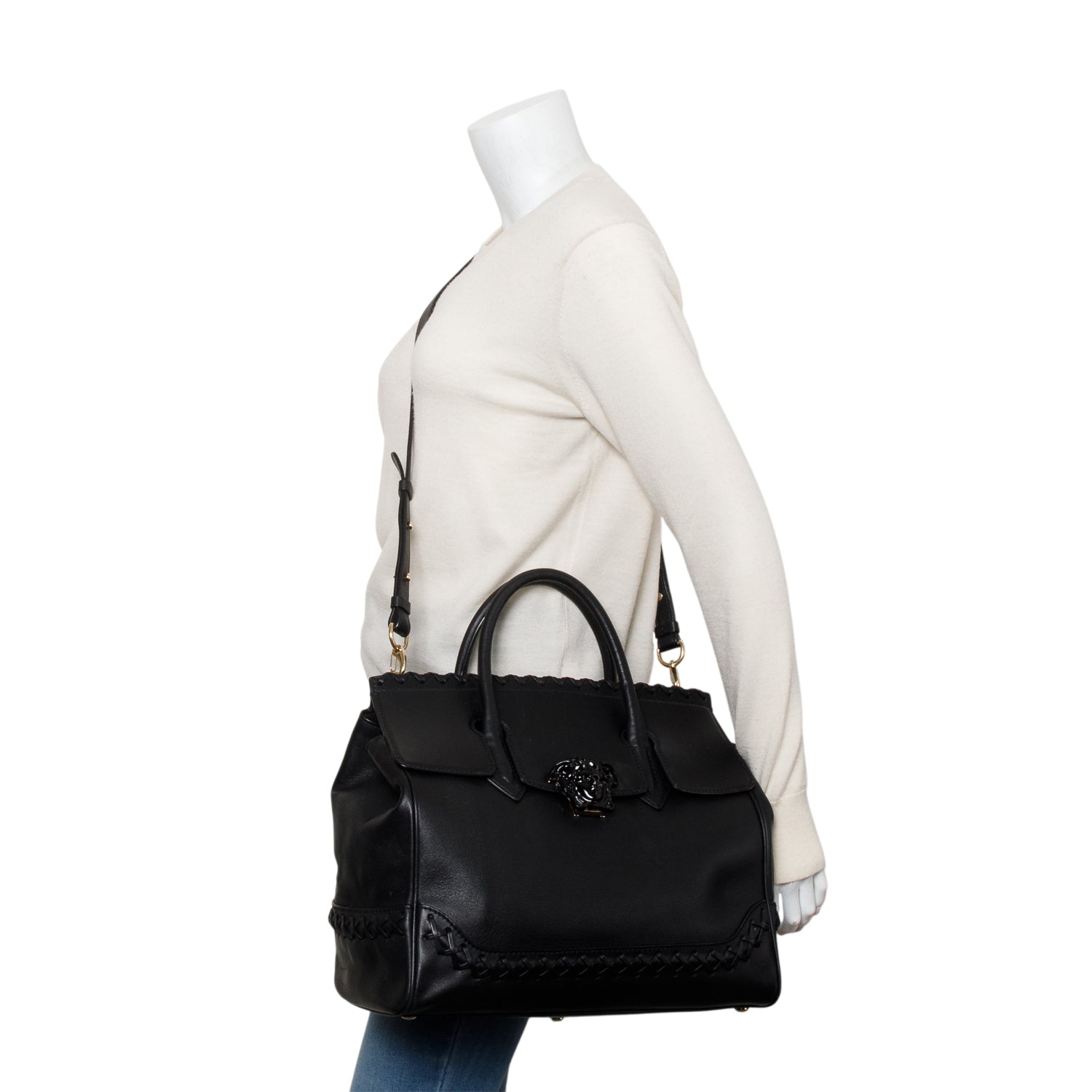 Versace Black Leather Cross-Stitch Medusa Empire Flap Handle Bag w/ Strap