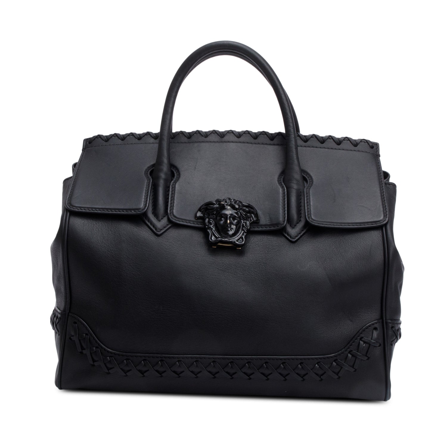 Versace Black Leather Cross-Stitch Medusa Empire Flap Handle Bag w/ Strap