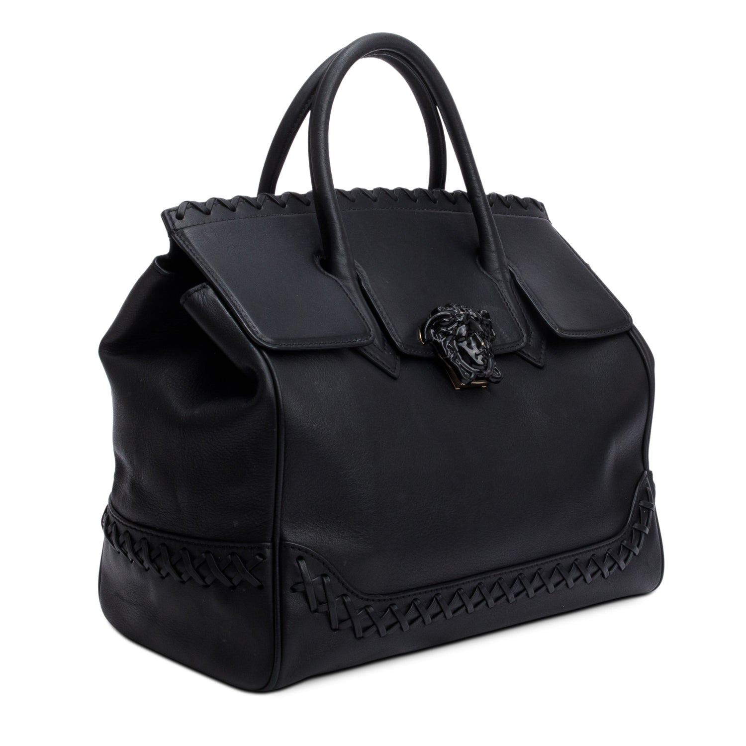 Versace Black Leather Cross-Stitch Medusa Empire Flap Handle Bag w/ Strap