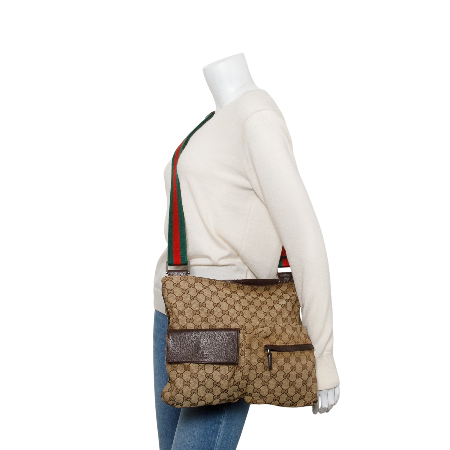 Gucci GG Canvas Web Sherry Medium Double Pocket Shoulder Bag