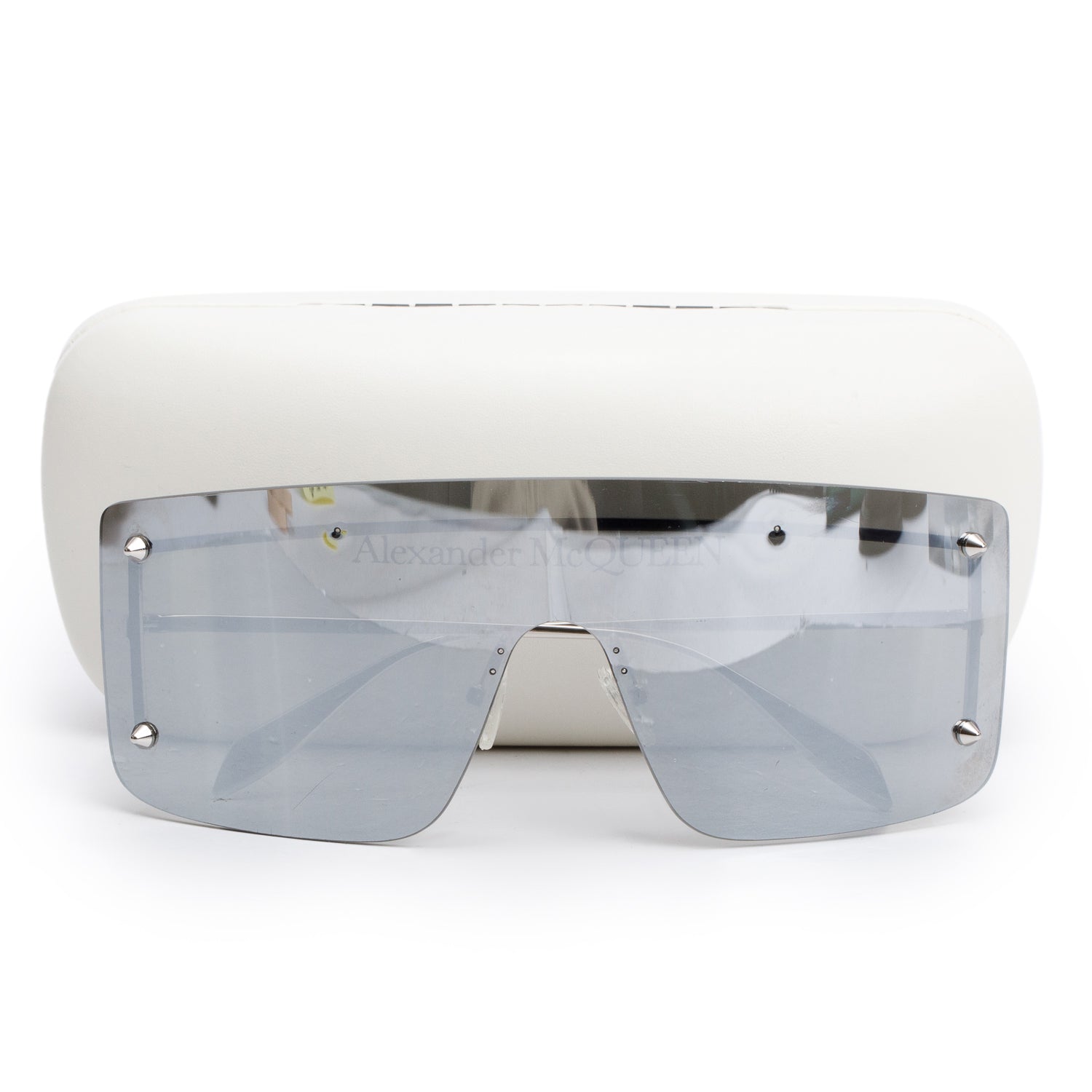 Alexander McQueen AM0412S Silver-Tone Studded Shield Sunglasses w/ Case