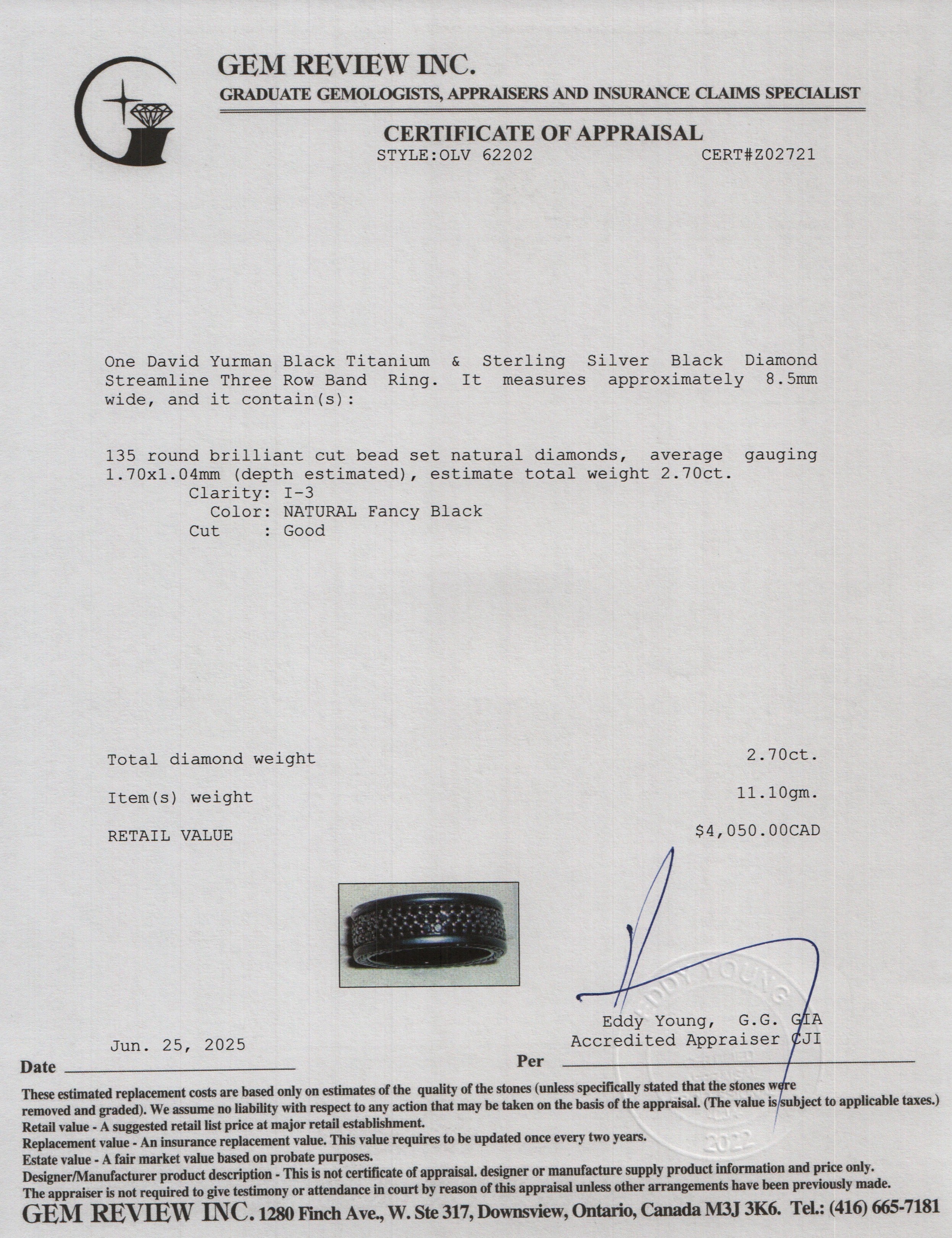 David Yurman Black Titanium & Sterling Silver Black Diamond Streamline Three Row Band Ring, Size 11 w/ Box