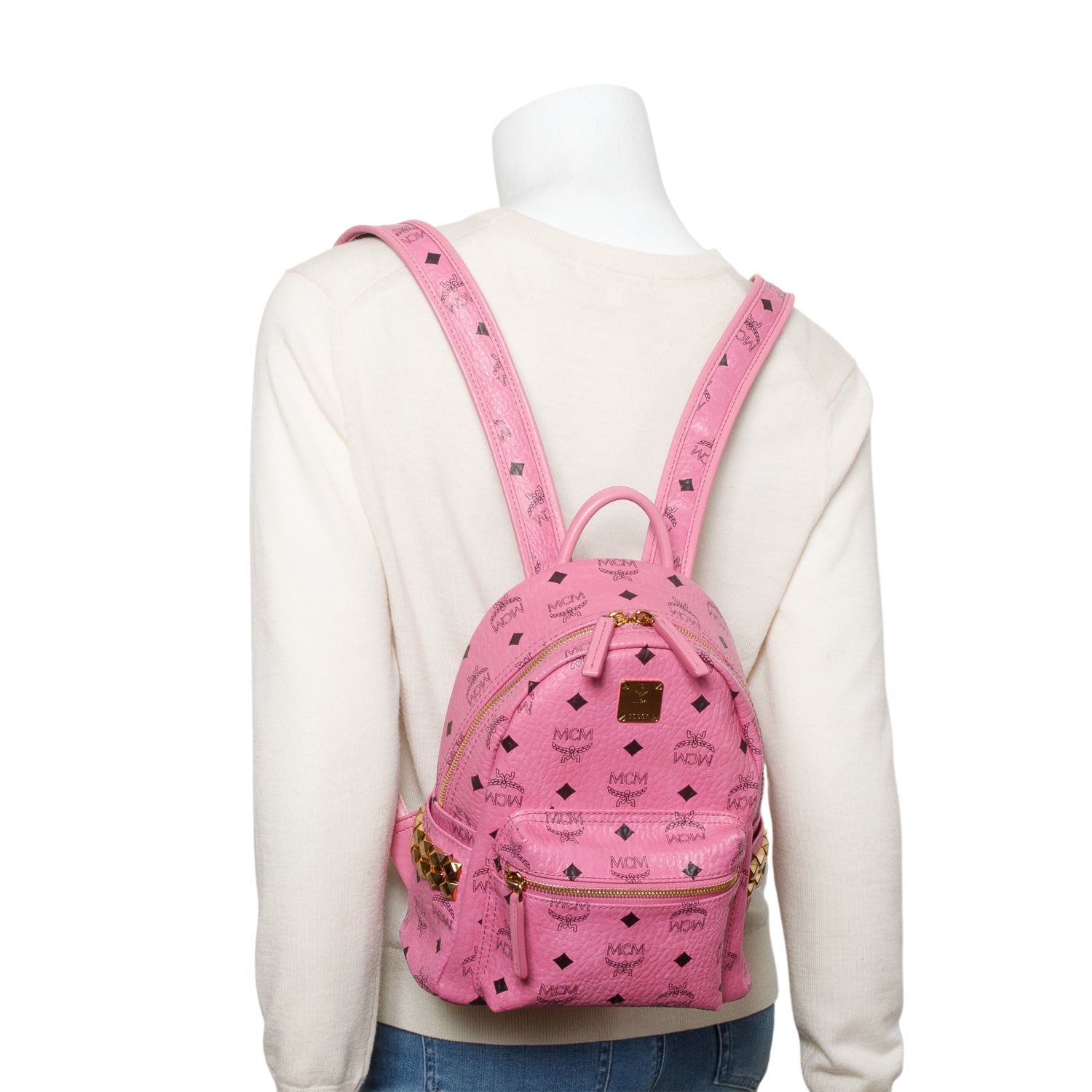 MCM Pink Visetos Side Studs Mini Stark Backpack