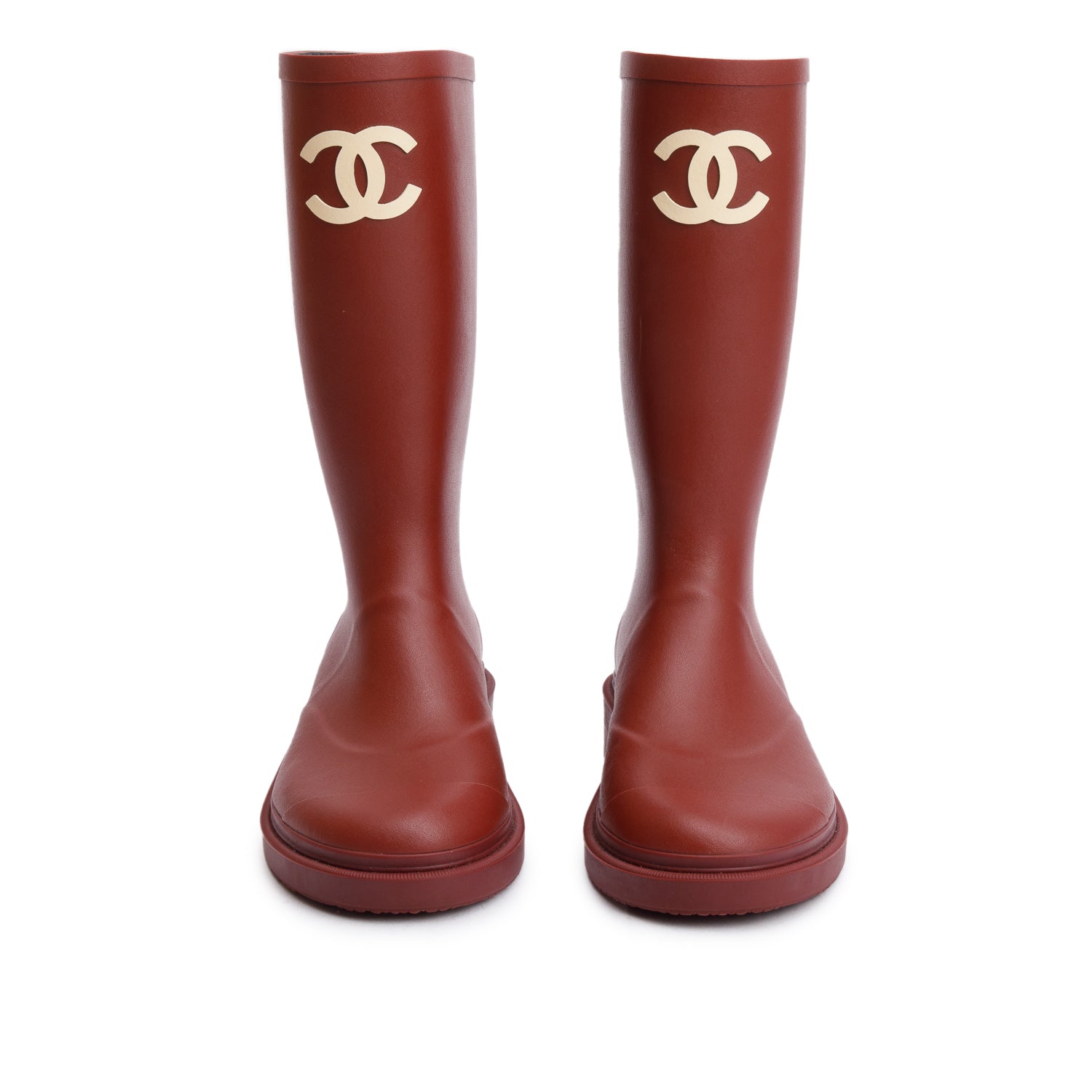 Chanel Dark Red Rubber CC High Rain Boots, Size 37 w/ Box