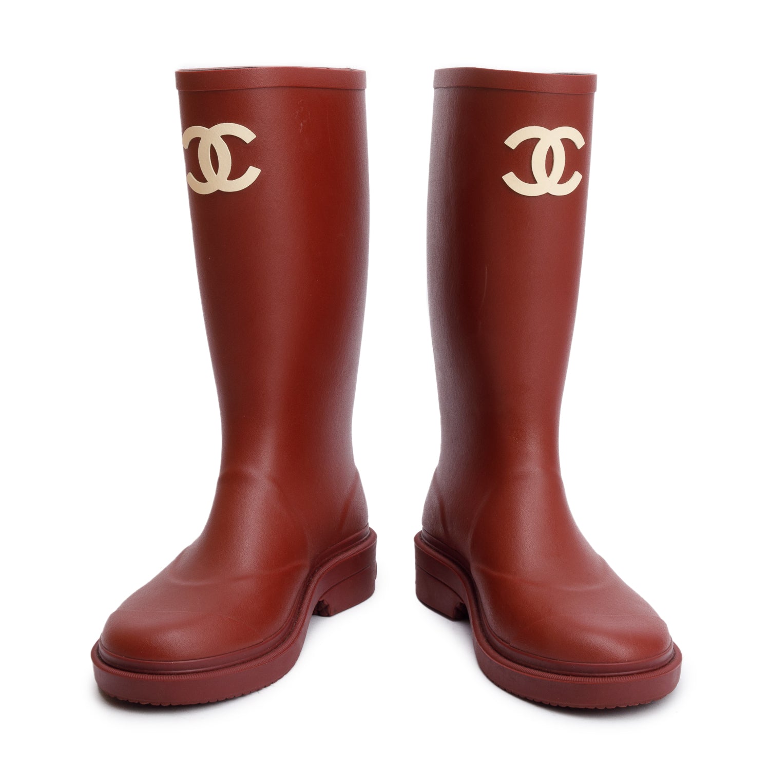 Chanel Dark Red Rubber CC High Rain Boots, Size 37 w/ Box