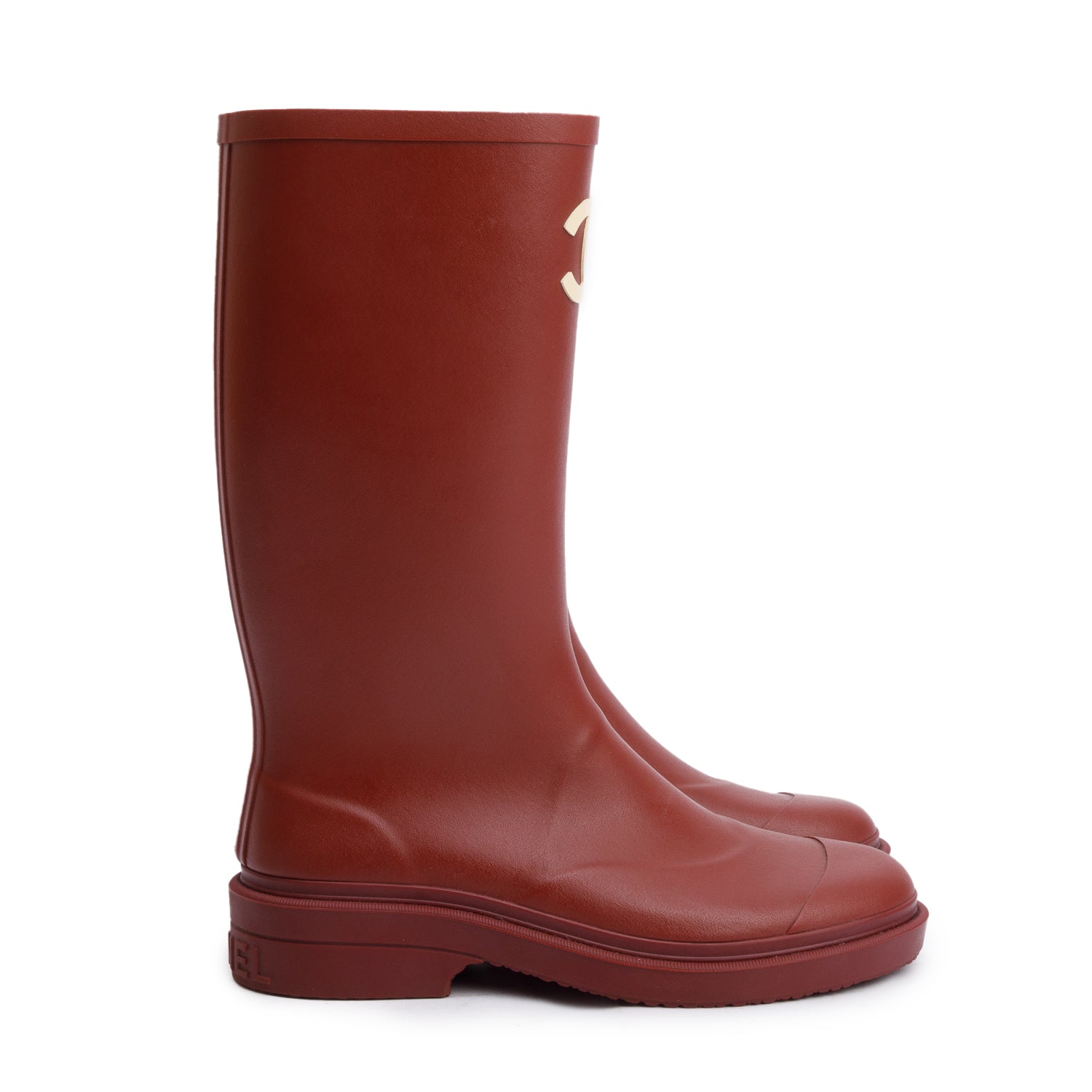 Chanel Dark Red Rubber CC High Rain Boots, Size 37 w/ Box