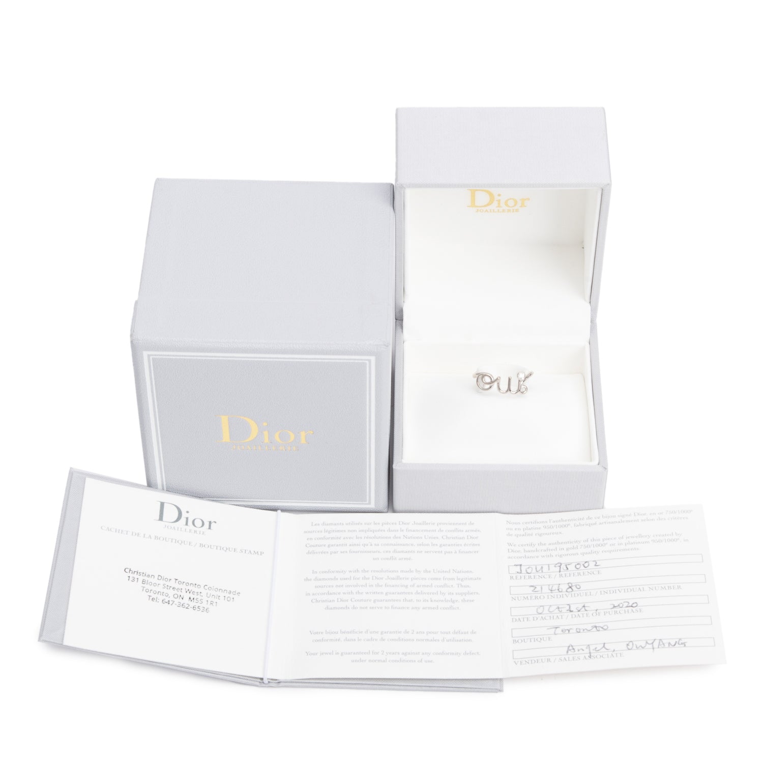 Christian Dior 18k White Gold Diamond 'Oui' Ring, Size 53 6.75 w/ Box & Certificate