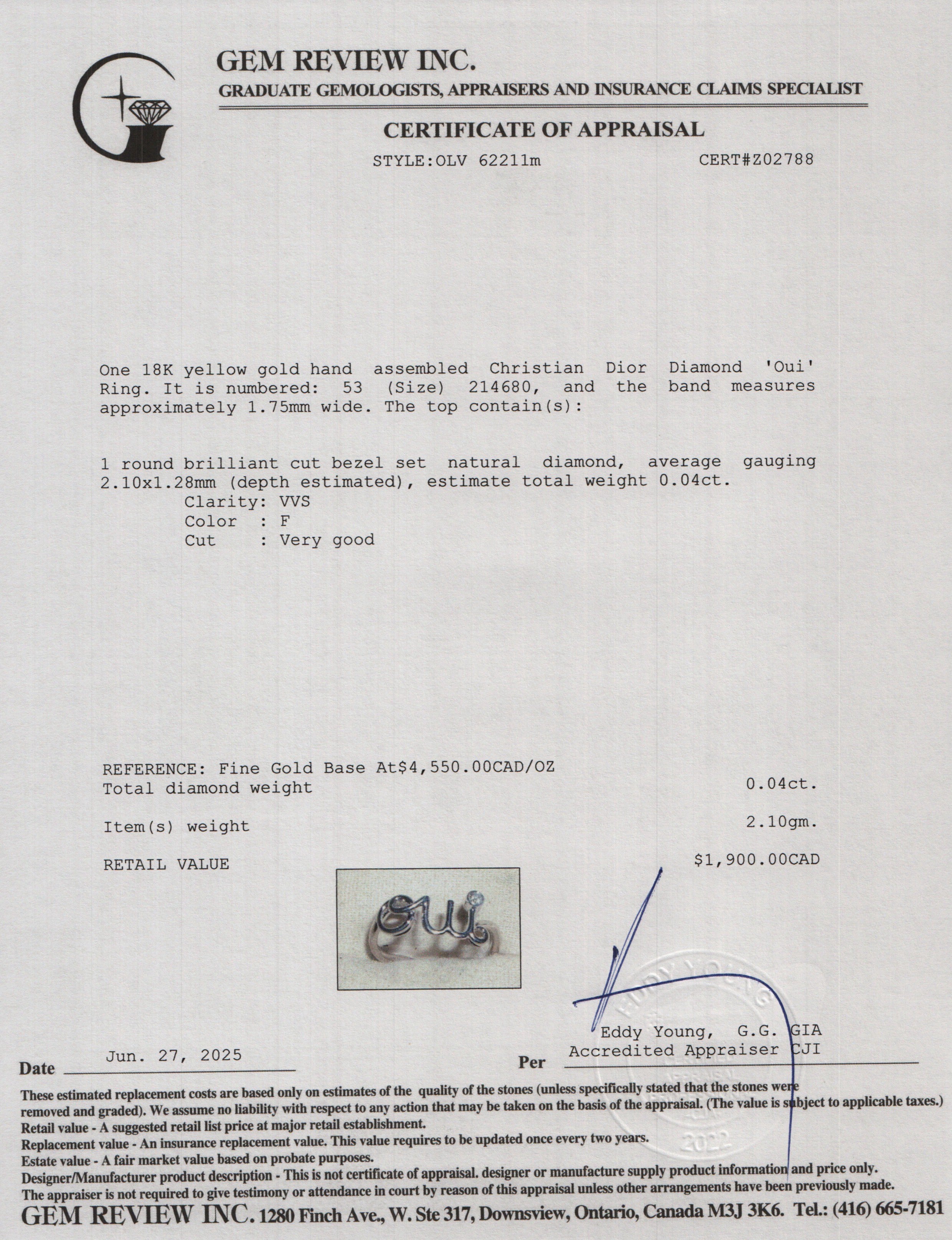 Christian Dior 18k White Gold Diamond 'Oui' Ring, Size 53 6.75 w/ Box & Certificate