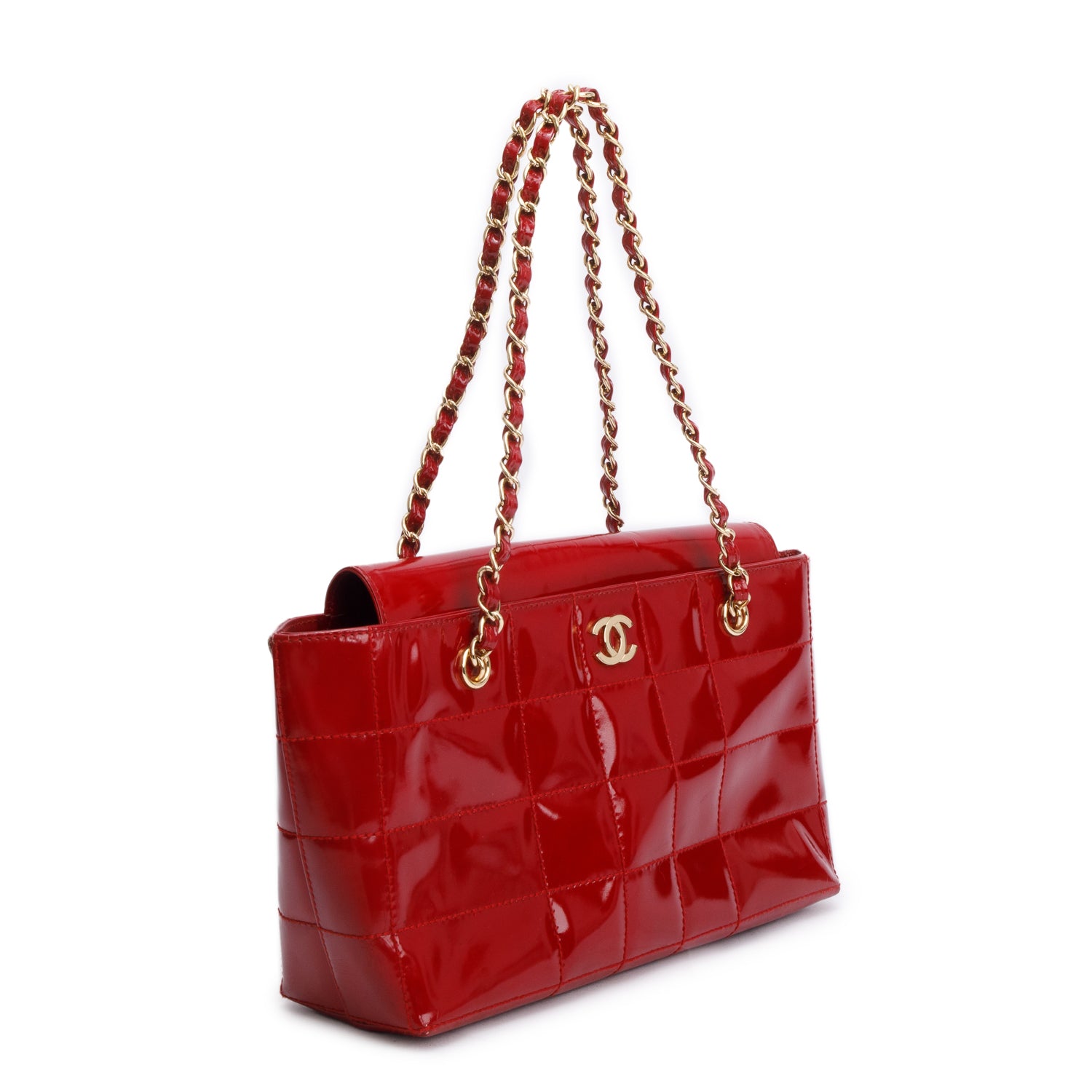 Chanel Red Quilted Patent Leather Chocolate Bar CC Tote