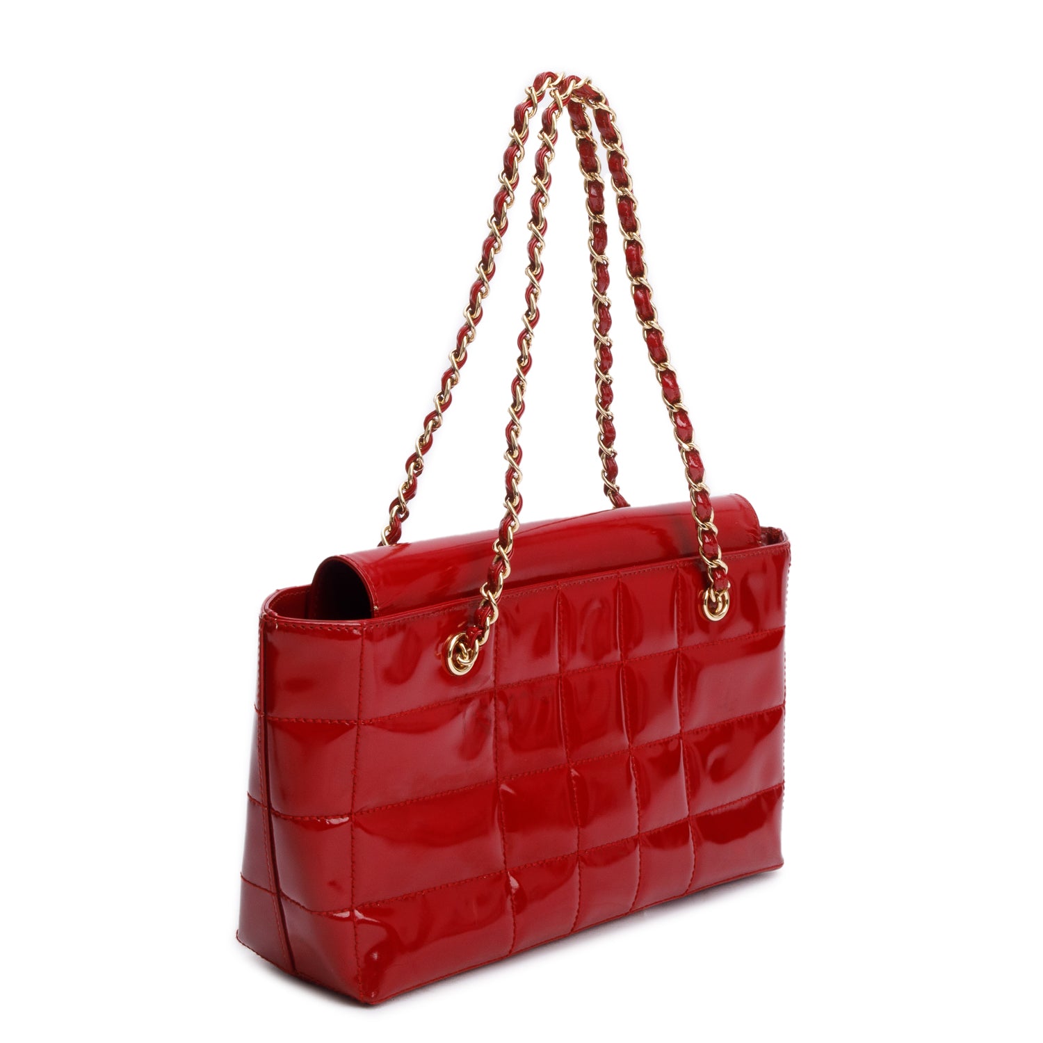 Chanel Red Quilted Patent Leather Chocolate Bar CC Tote