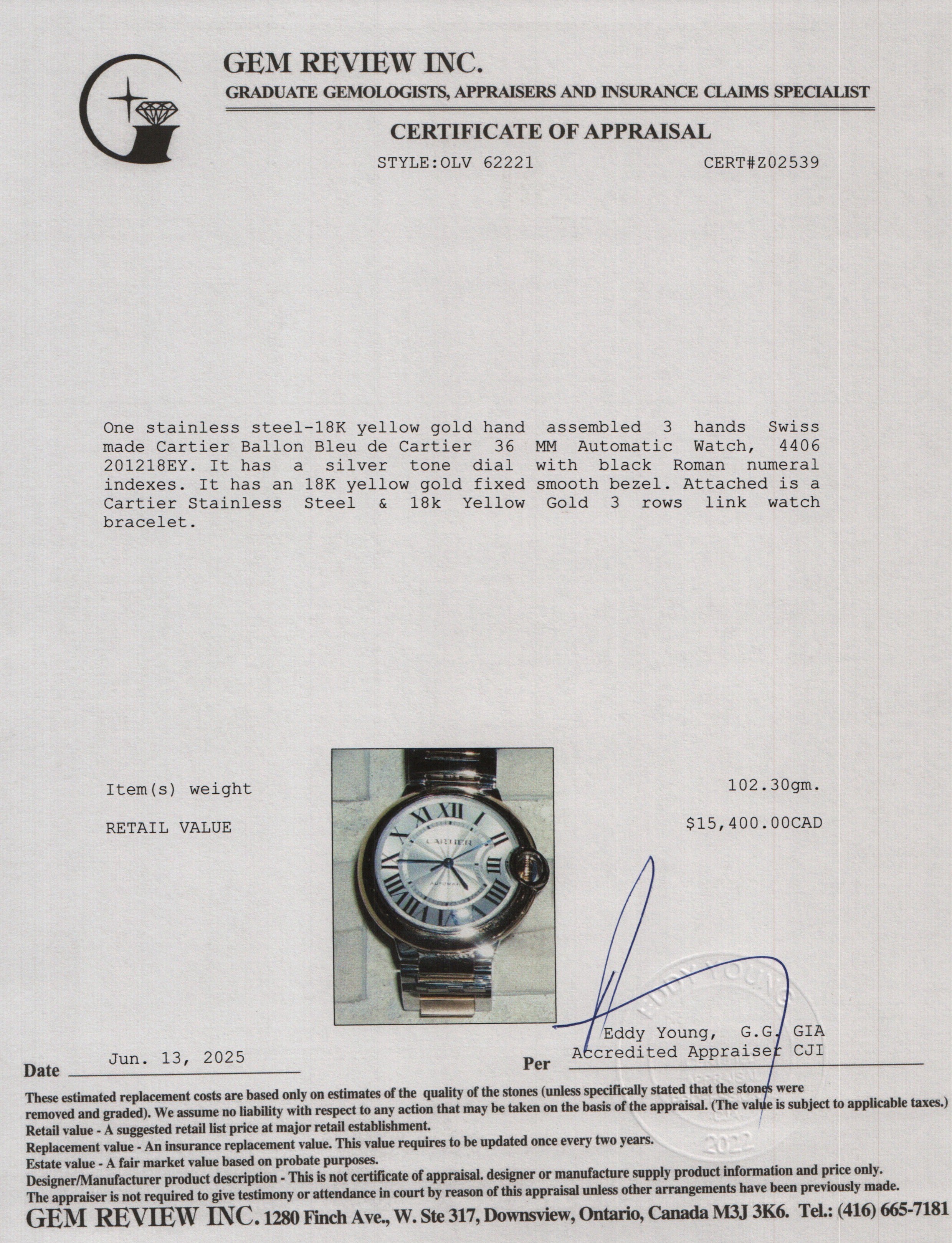 Cartier 2025 Stainless Steel & 18k Yellow Gold Ballon Bleu de Cartier 36 MM Automatic Watch 4406 w/ Box & Papers