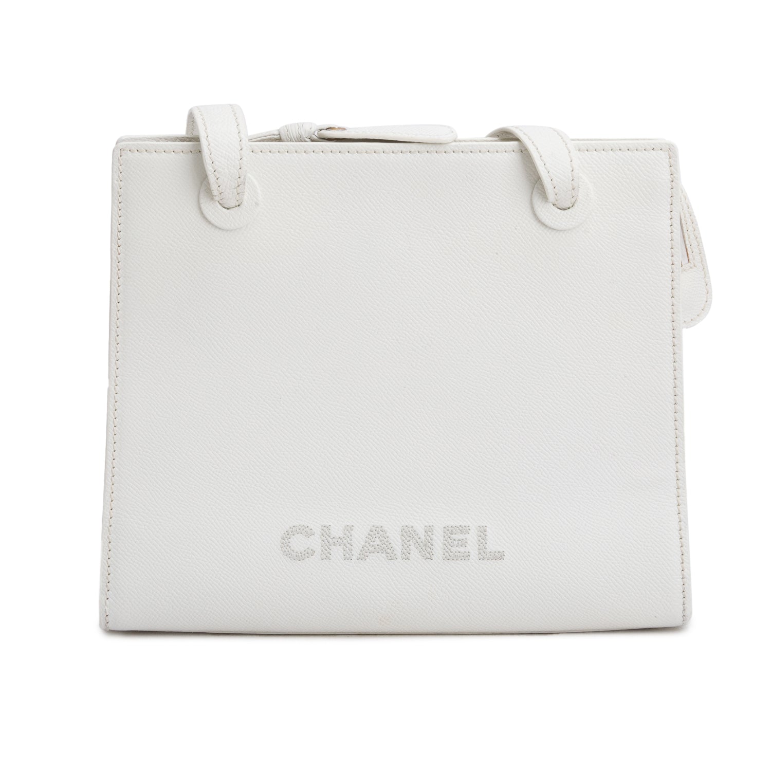 Chanel Vintage White Caviar Leather Logo Shoulder Bag