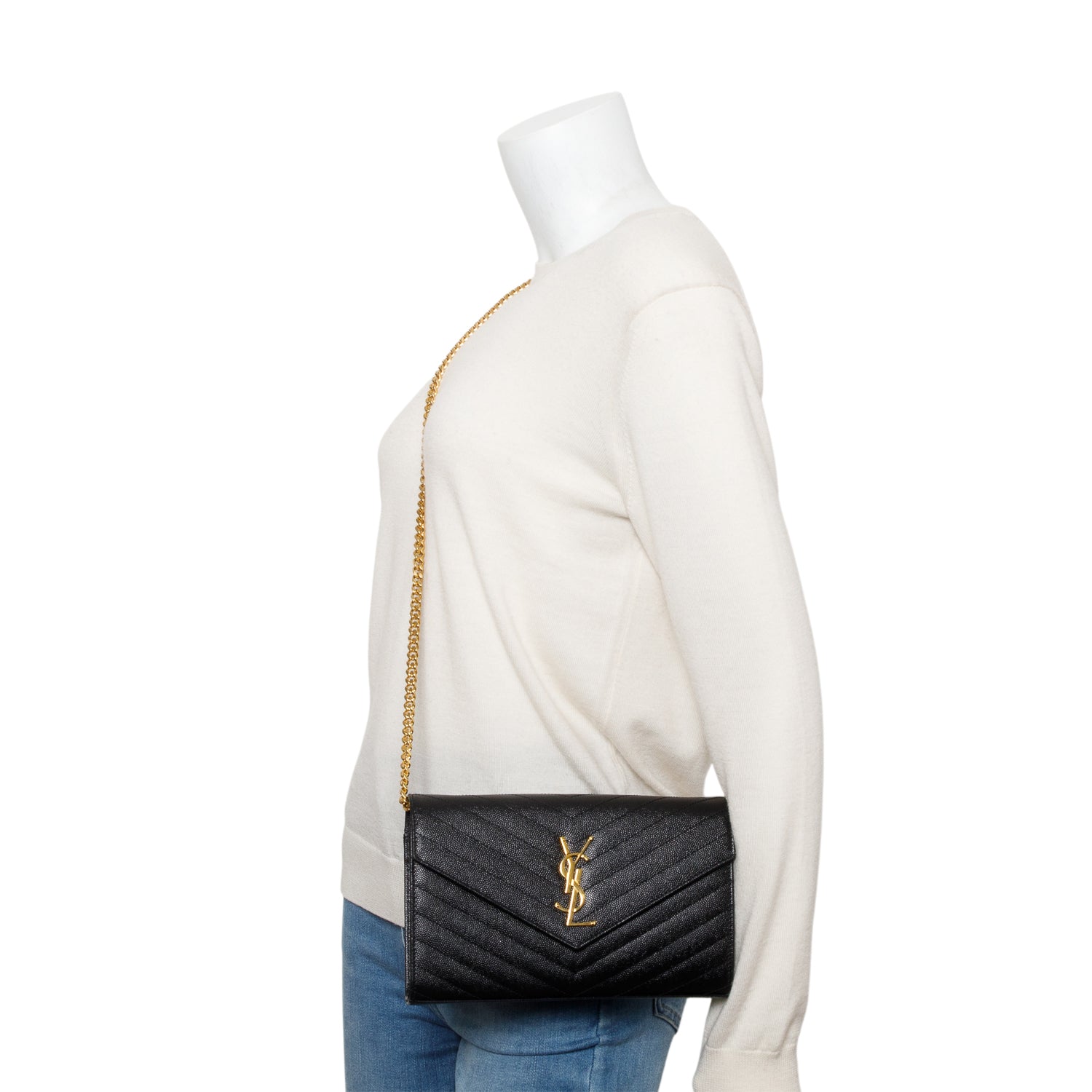 Saint Laurent 2020 Black Grain De Poudre Leather Cassandre Envelope Chain Wallet w/ Box