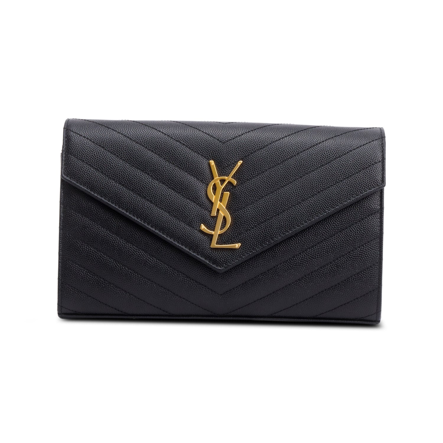Saint Laurent 2020 Black Grain De Poudre Leather Cassandre Envelope Chain Wallet w/ Box
