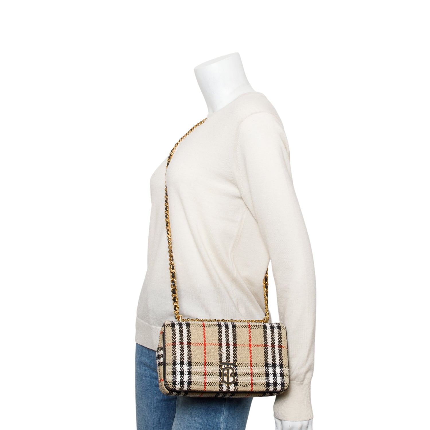 Burberry Beige Check Tweed Small Lola TB Shoulder Bag w/ Box