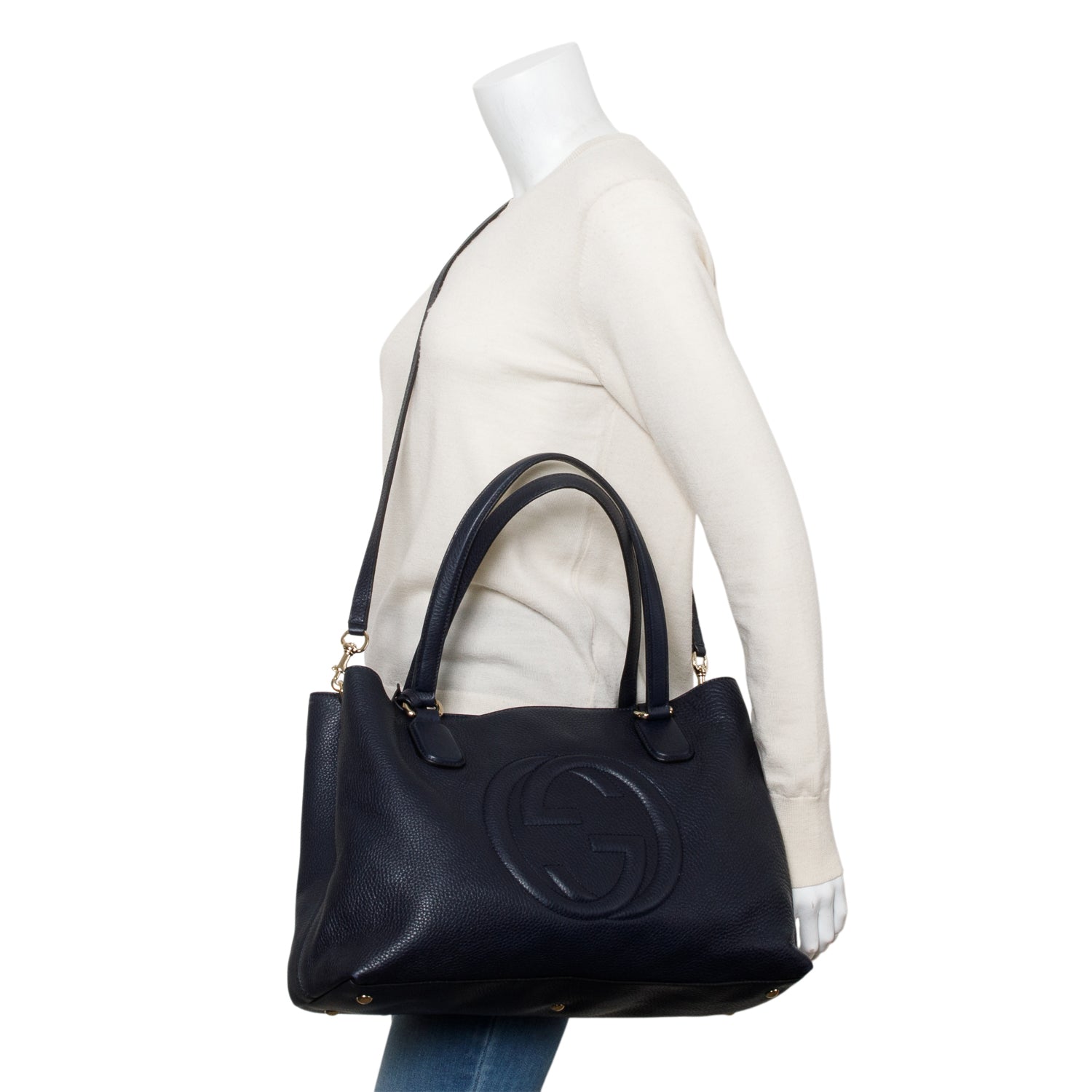 Gucci Navy Grained Leather Medium Soho Working Tote w/ Strap