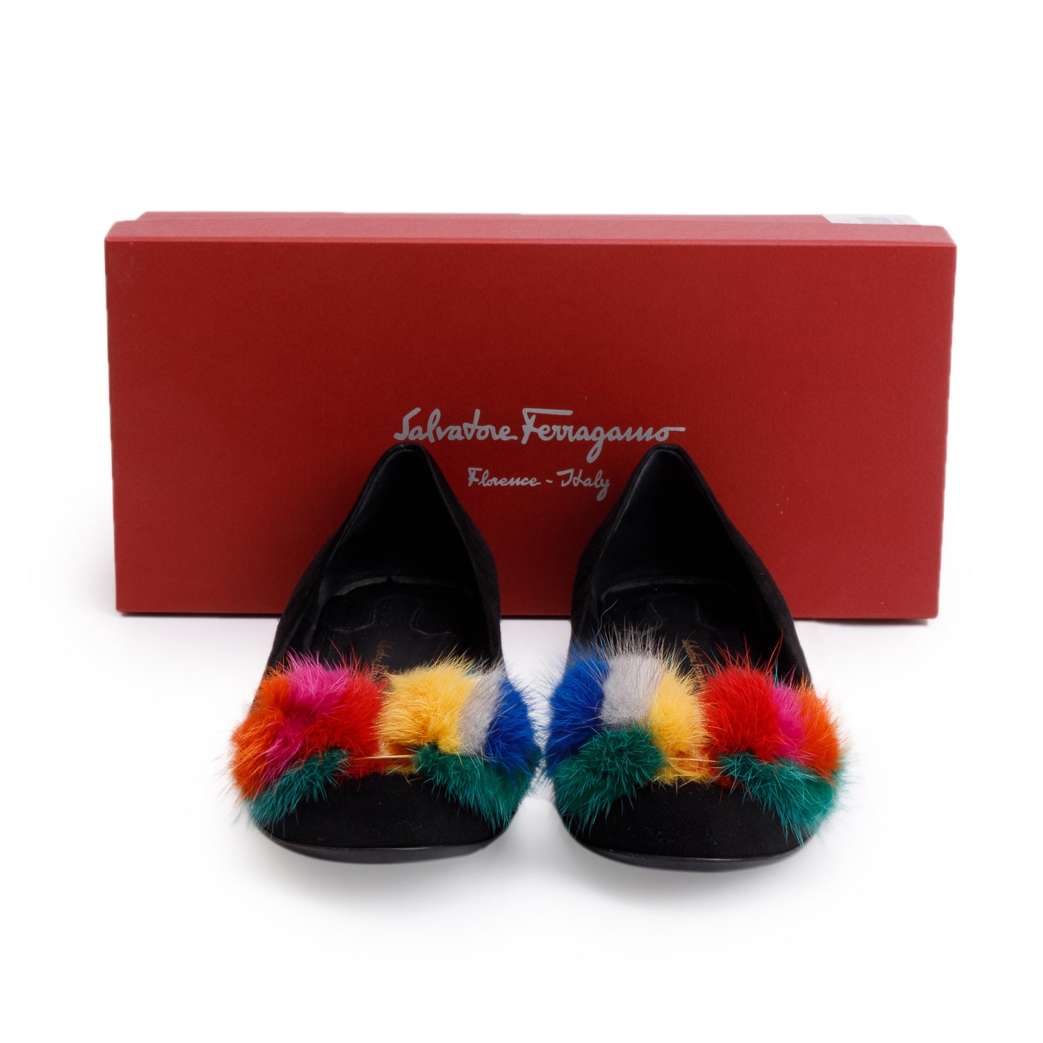 Salvatore Ferragamo Black Suede Multicolor Faux Fur Varina Ballet Flats, Size 10 w/ Box
