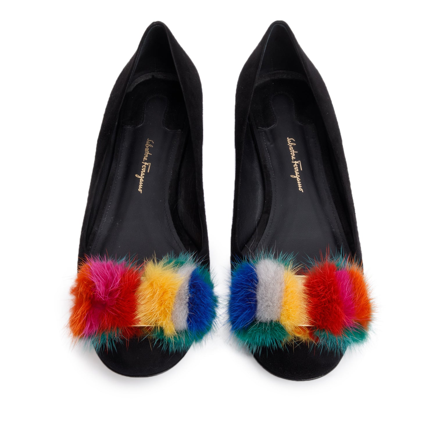 Salvatore Ferragamo Black Suede Multicolor Faux Fur Varina Ballet Flats, Size 10 w/ Box