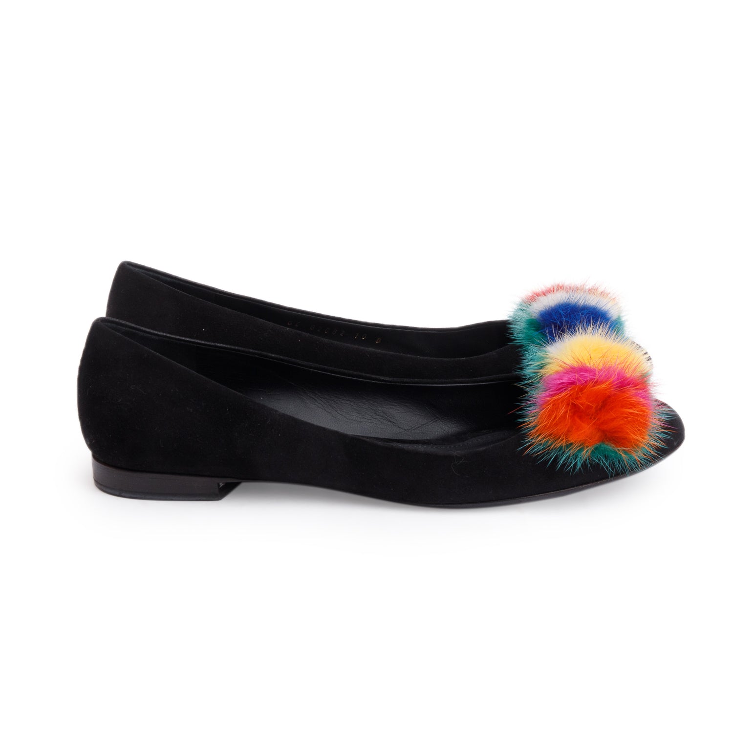 Salvatore Ferragamo Black Suede Multicolor Faux Fur Varina Ballet Flats, Size 10 w/ Box