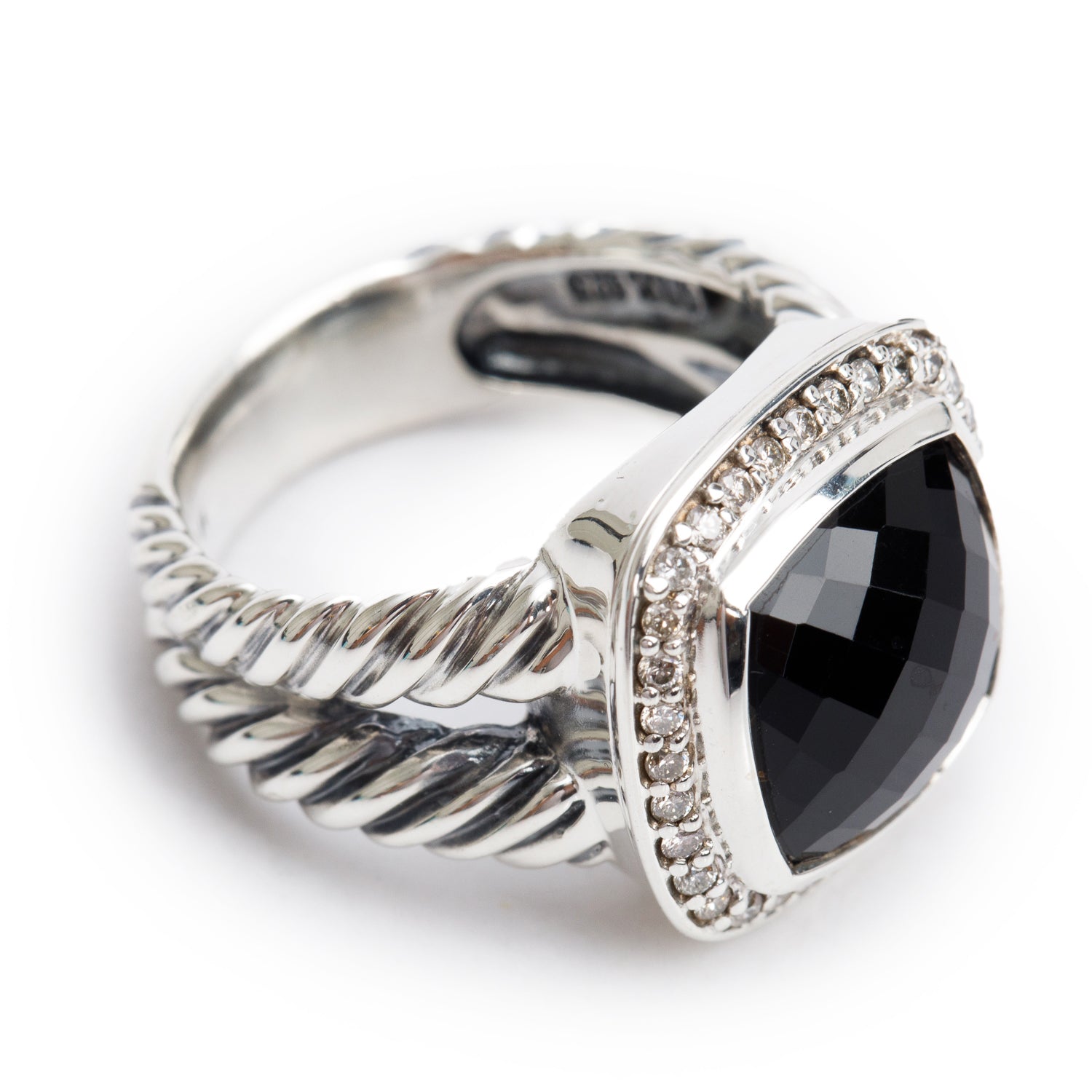 David Yurman Sterling Silver Albion Ring with Black Onyx & Diamonds, 11 MM Size 6