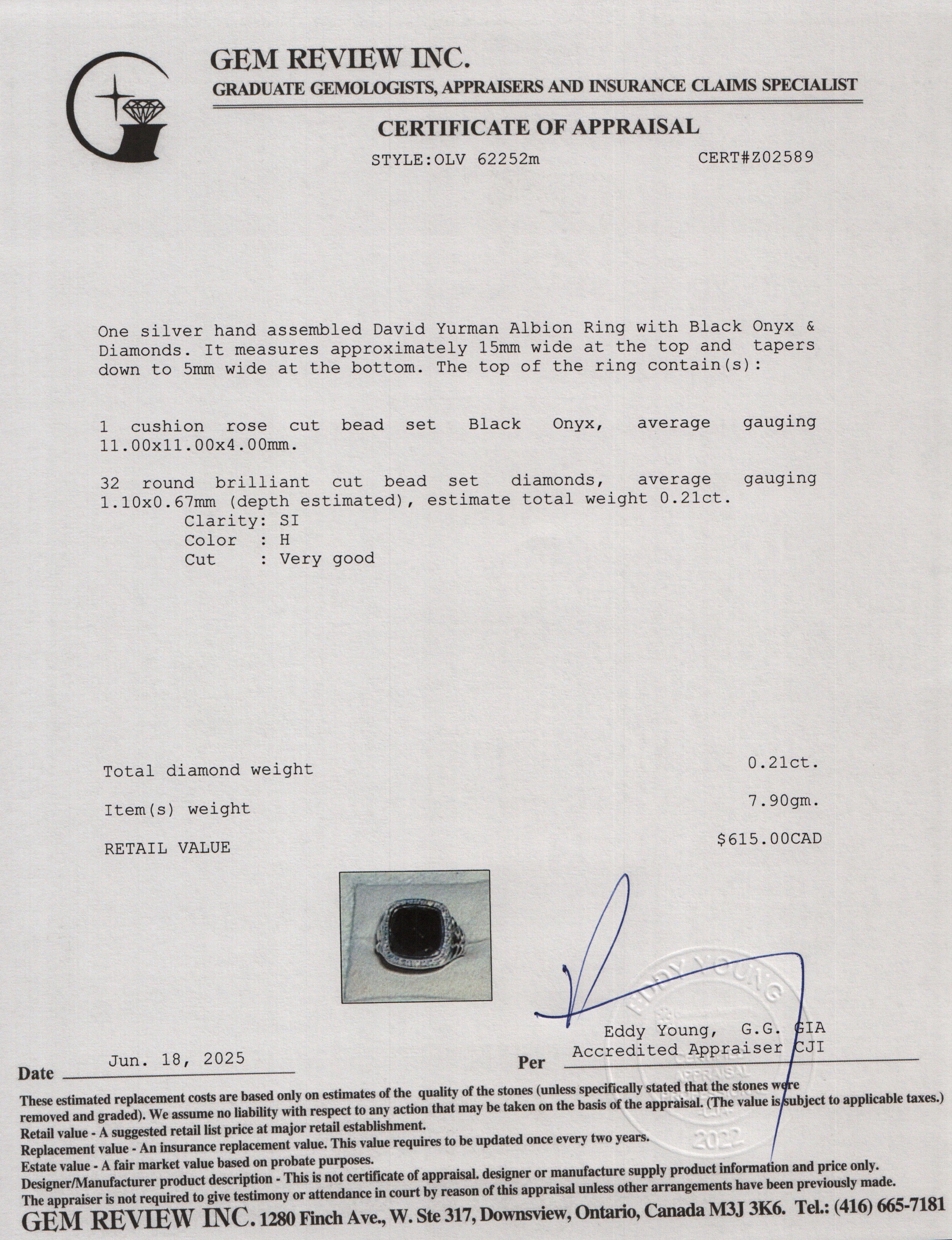 David Yurman Sterling Silver Albion Ring with Black Onyx & Diamonds, 11 MM Size 6