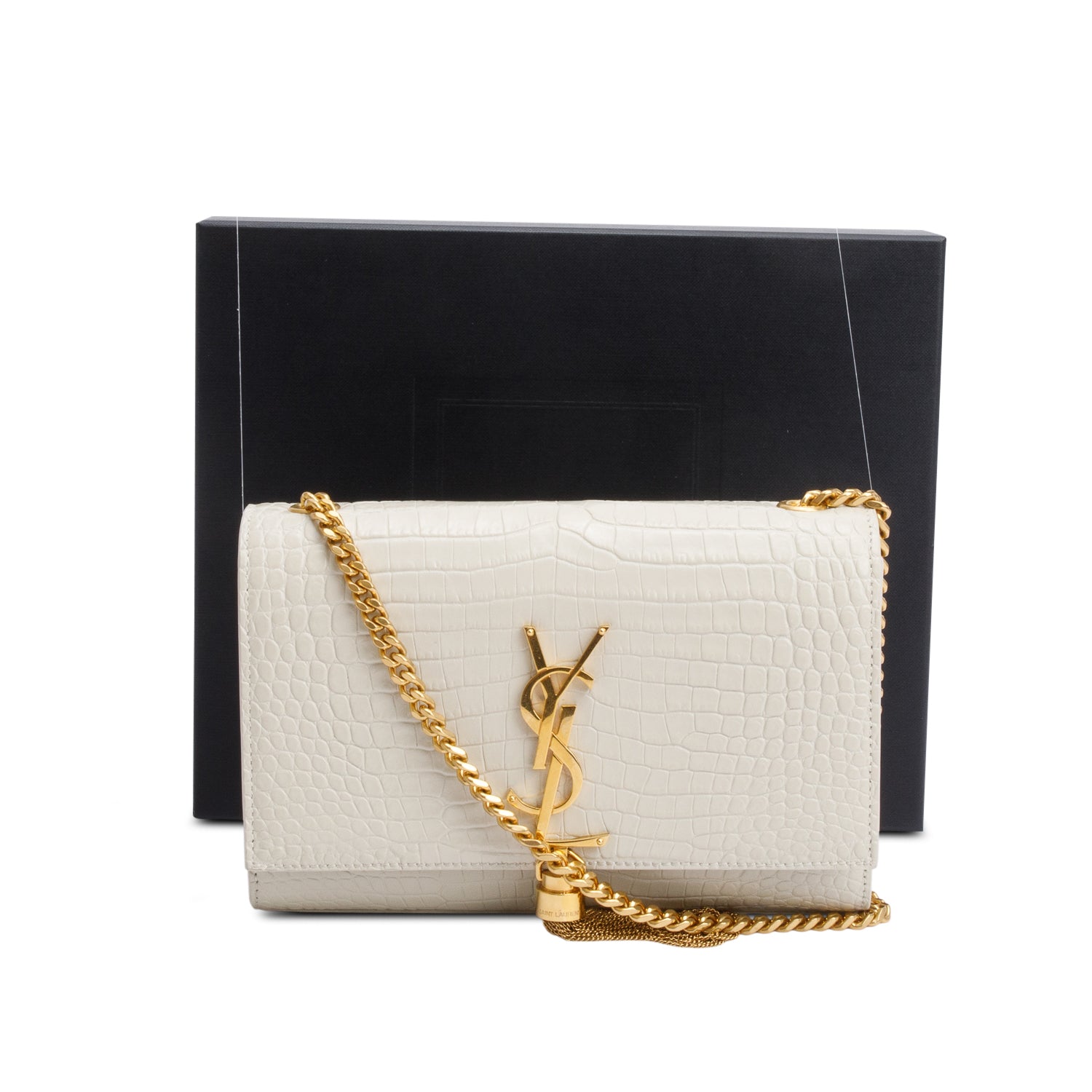 Saint Laurent 2025 White Crocodile-Embossed Leather Small Classic Monogram Kate Tassel Chain Bag w/ Box