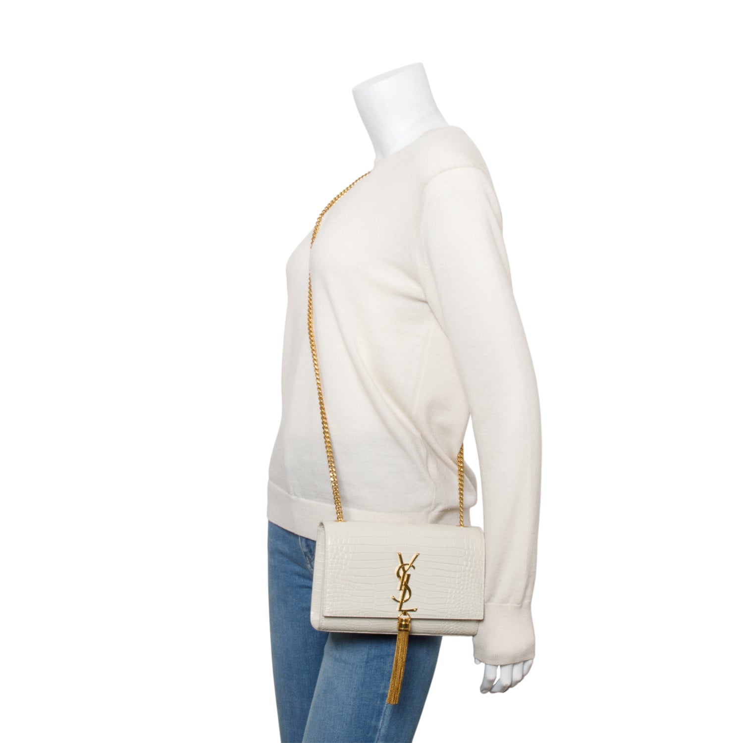 Saint Laurent 2025 White Crocodile-Embossed Leather Small Classic Monogram Kate Tassel Chain Bag w/ Box