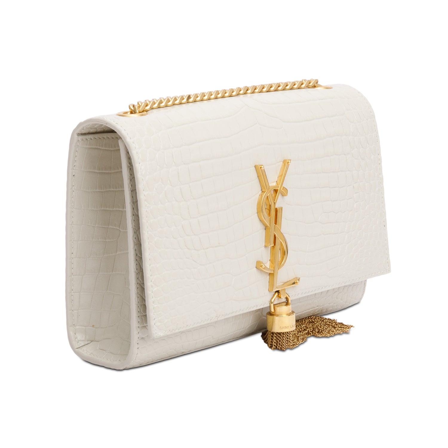 Saint Laurent 2025 White Crocodile-Embossed Leather Small Classic Monogram Kate Tassel Chain Bag w/ Box