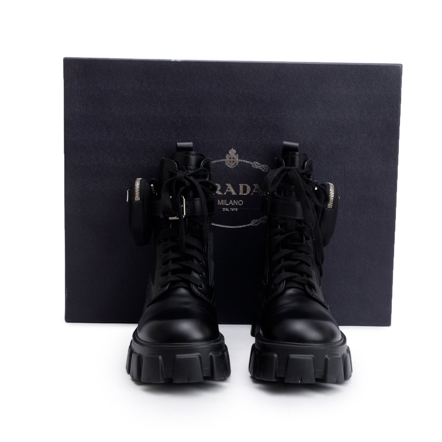 Prada Black Monolith Leather and Re-Nylon Boots with Pouch, Men’s Size 8.5 w/ Box