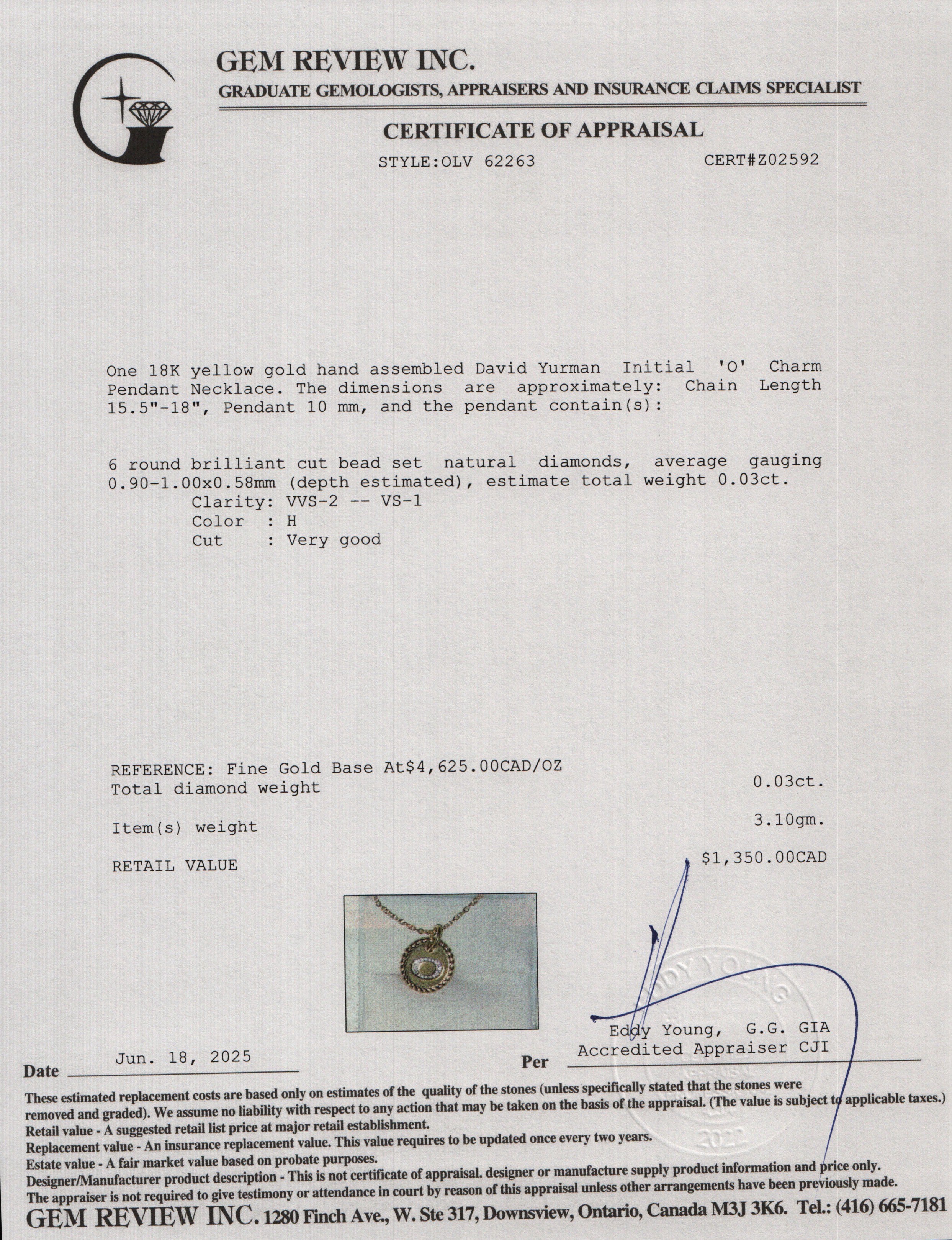 David Yurman 18k Yellow Gold Diamond Initial 'O Charm Pendant Necklace