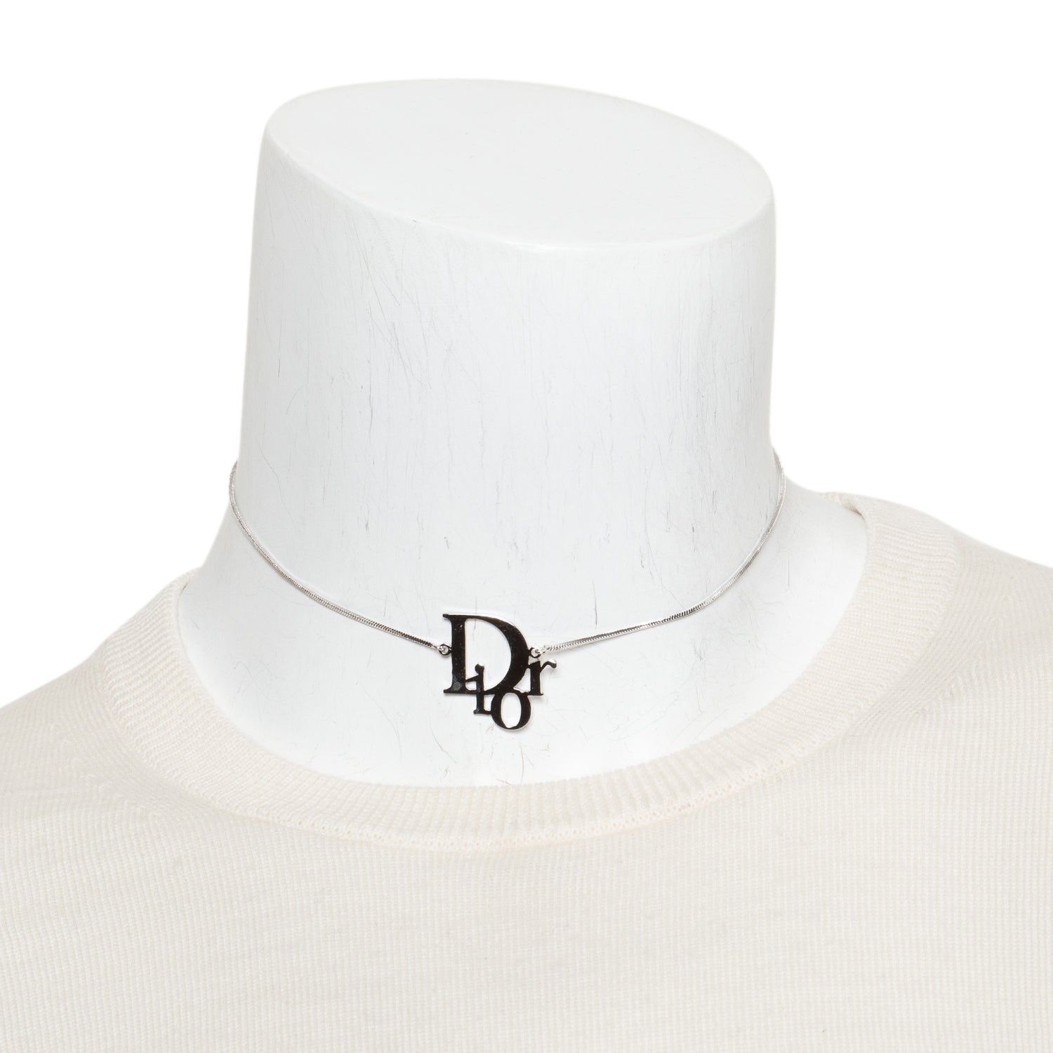 Christian Dior Silver Plated Logo Pendant Necklace