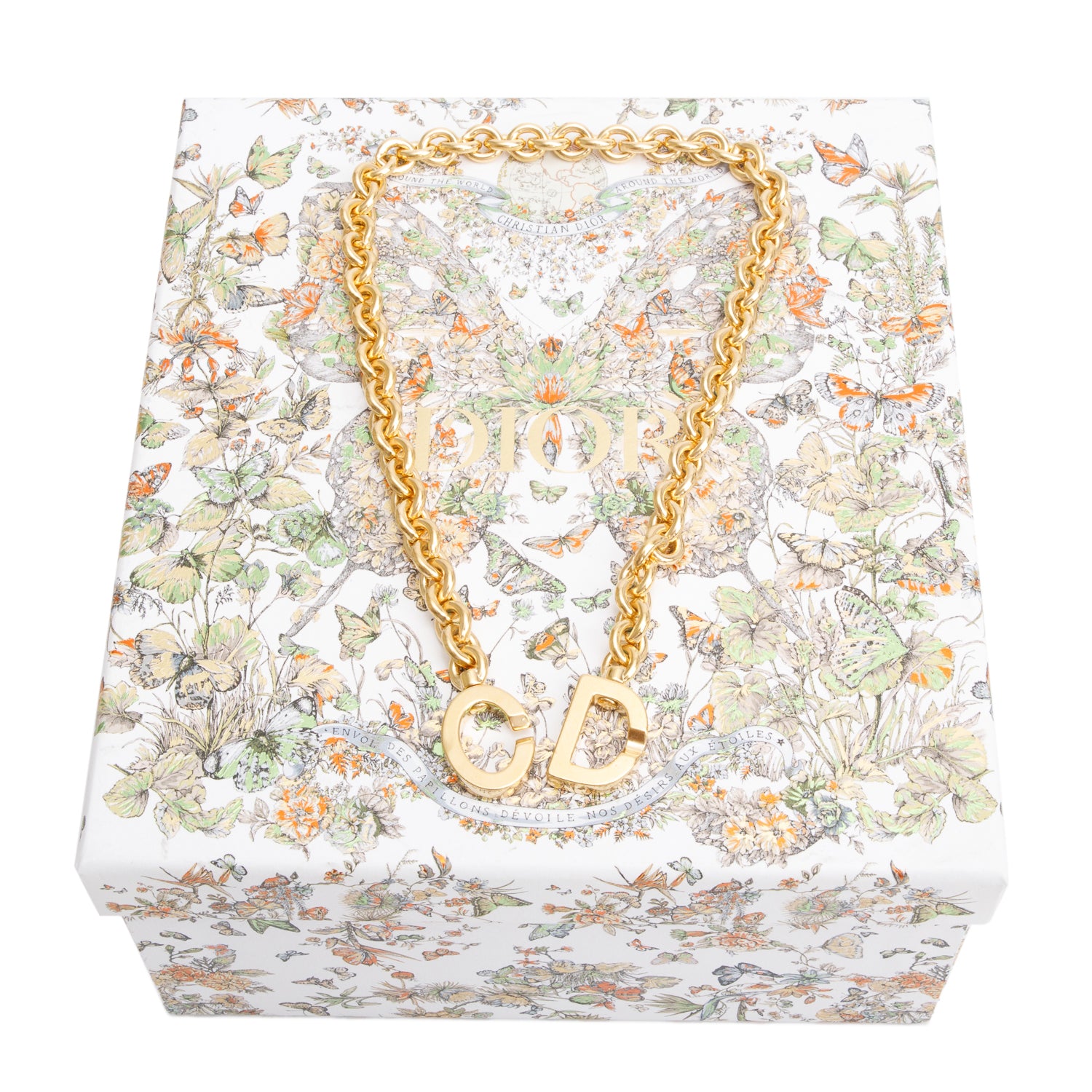 Christian Dior Gold Plated CD Chain Choker Necklace w/ Box