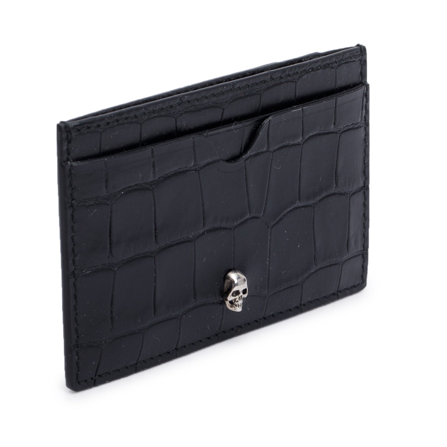 Alexander McQueen Black Croc Embossed Leather Skull Card Holder