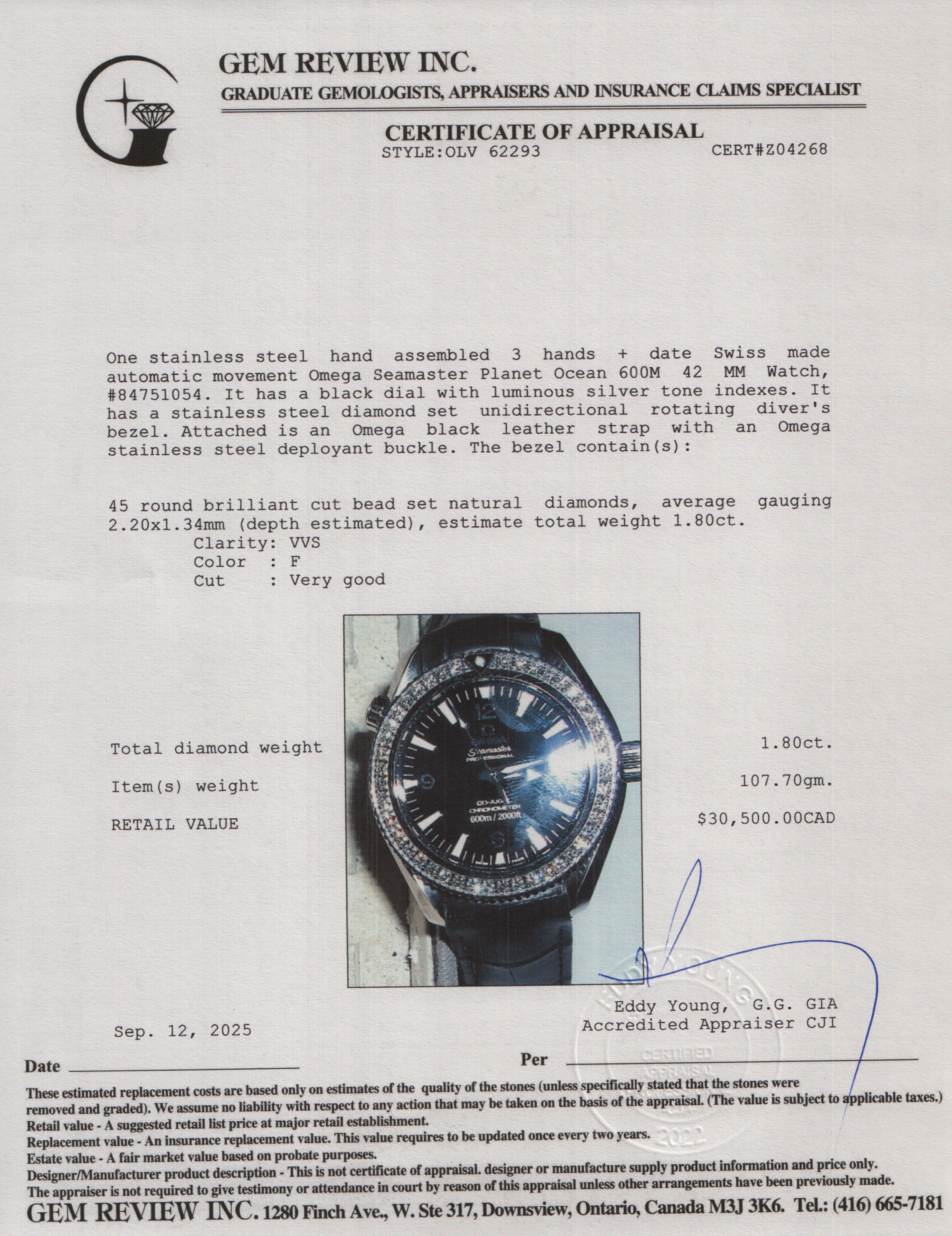 Omega Stainless Steel Diamond Bezel Seamaster Planet Ocean 600M 42 MM Watch w/ Box & Papers