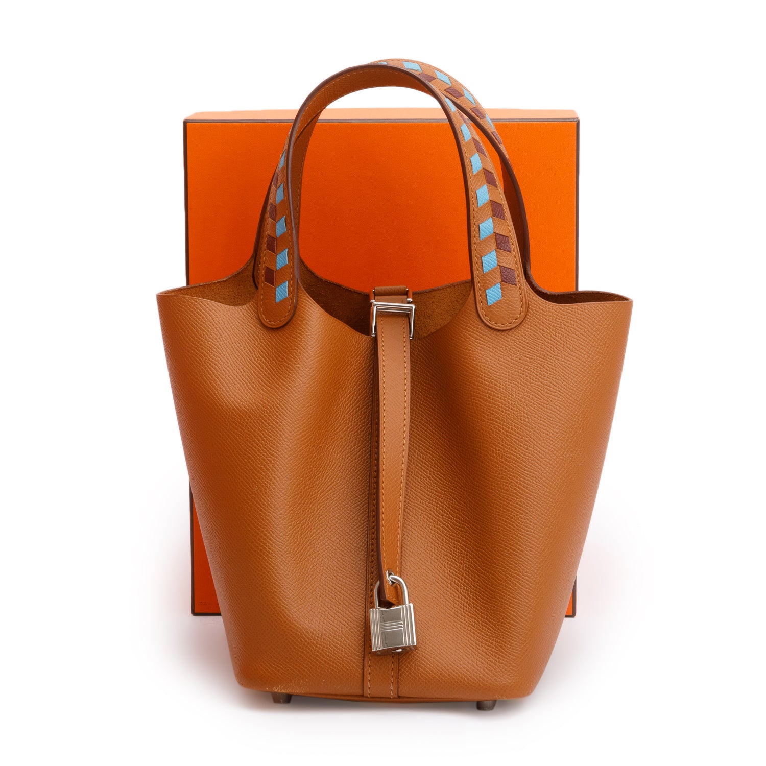 Hermes 2020 Gold/Bleu Nord/Rouge H Veau Epsom Tressage De Cuir Picotin Lock 18 w/ Box