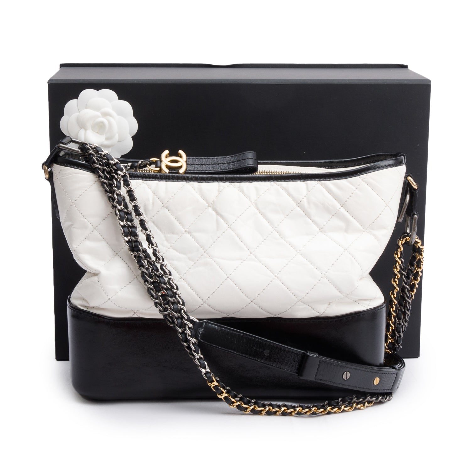 Chanel Black & White Aged Calfskin Leather Medium Gabrielle Hobo w/ Box & Authenticity Card