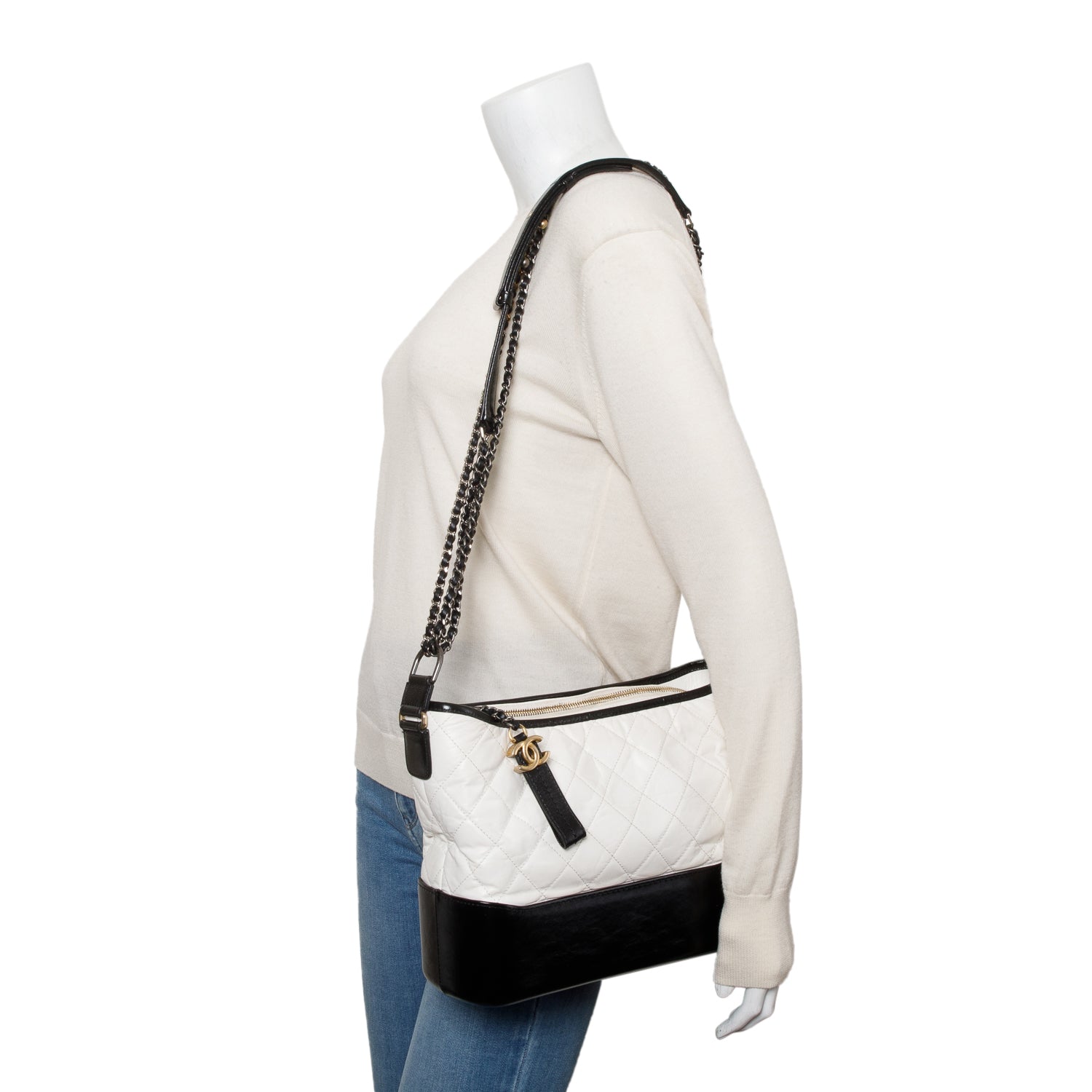 Chanel Black & White Aged Calfskin Leather Medium Gabrielle Hobo w/ Box & Authenticity Card