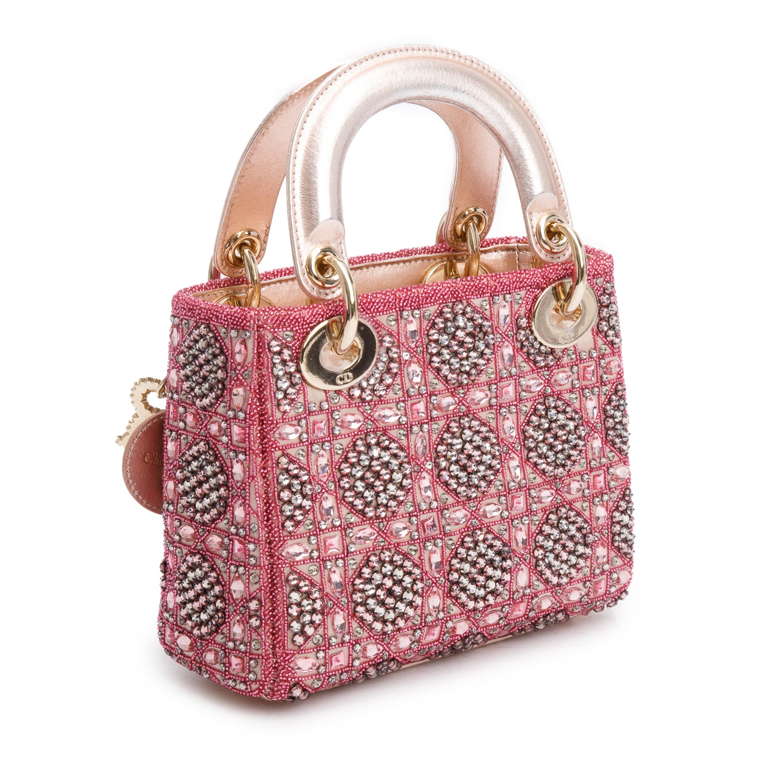Christian Dior Pink Lambskin & Satin Embroidered Crystal Beads Mini Lady Dior Bag w/ Strap, Box & Authenticity Card