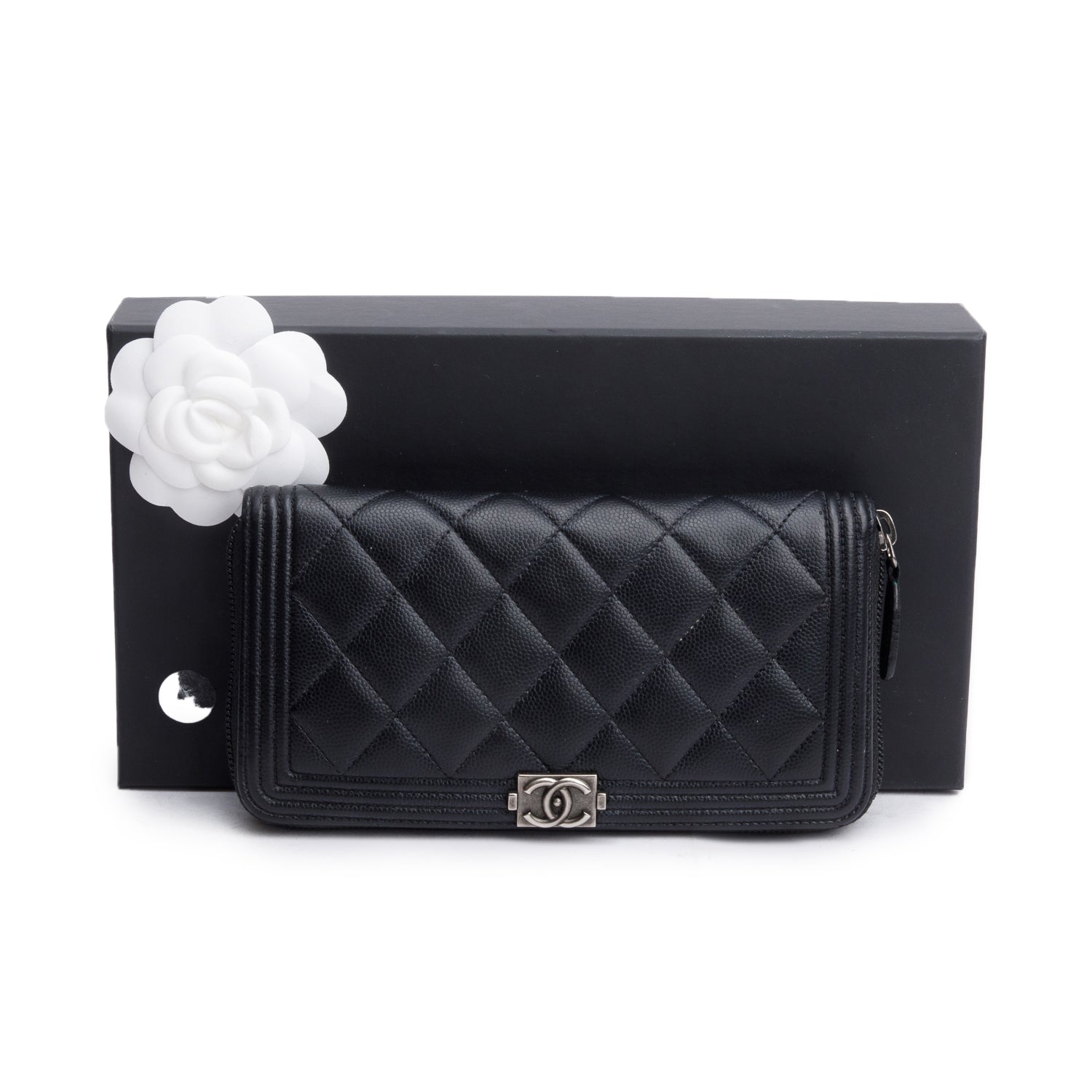 Chanel Black Caviar Leather Boy Long Zip Around Wallet w/ Box & Authenticity Card