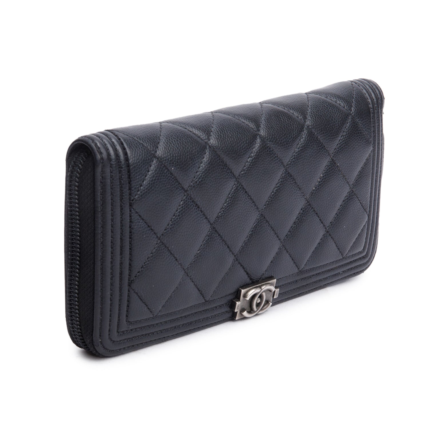 Chanel Black Caviar Leather Boy Long Zip Around Wallet w/ Box & Authenticity Card
