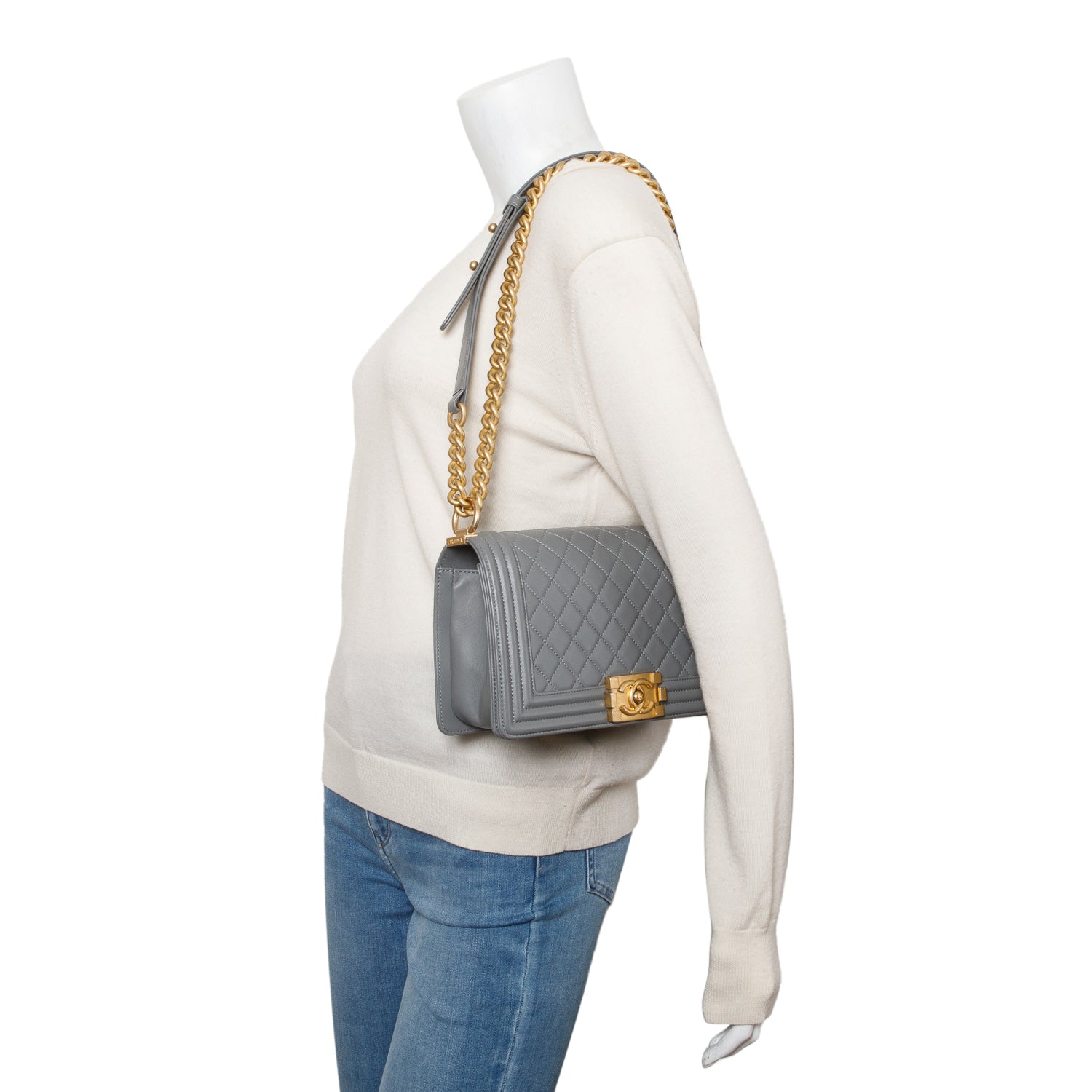 Chanel Grey Quilted Lambskin Leather Medium Boy Bag