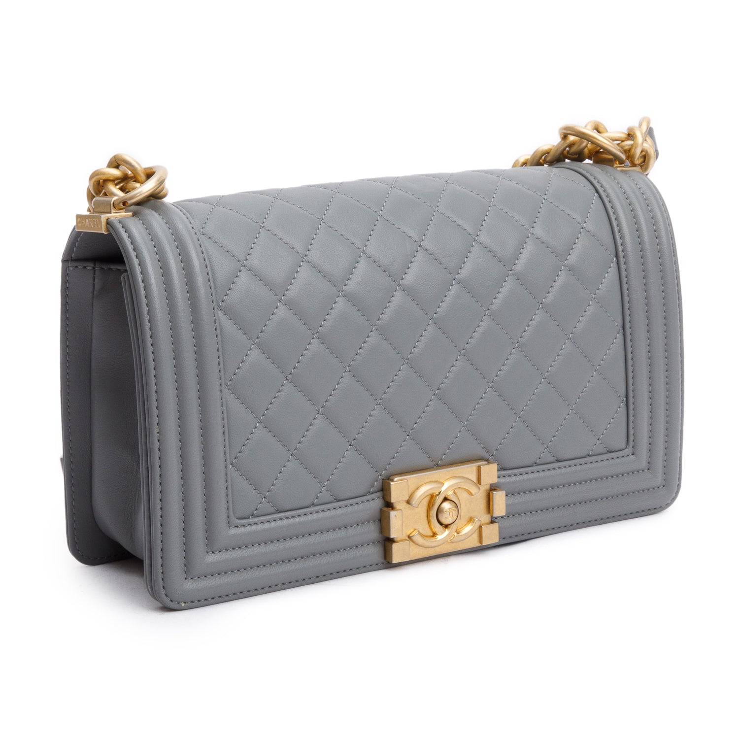 Chanel Grey Quilted Lambskin Leather Medium Boy Bag